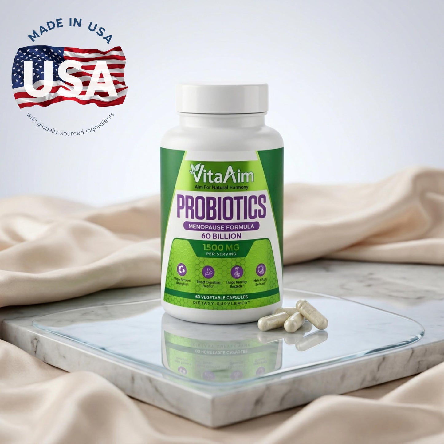 VitaAim Probiotics for Women 60 Billion CFU, Menopause Formula with Prebiotics, Cranberry Extract and Digestive Wellness Support, Vegan Probiotic Supplement, 1 Capsule
