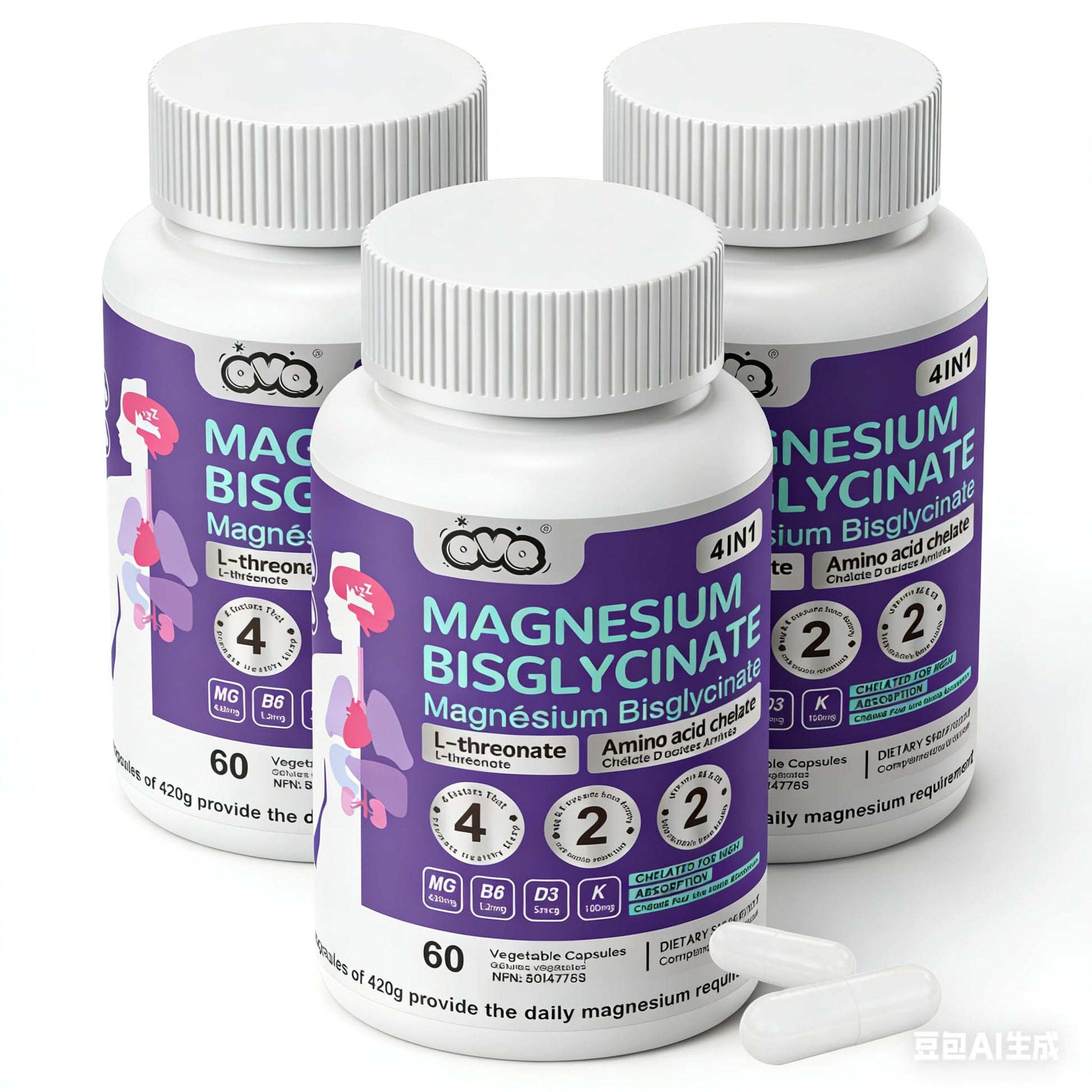 QVQ Magnesium Bisglycinate L-Threonate Amino Acid Chelated Supplement Capsules, 180