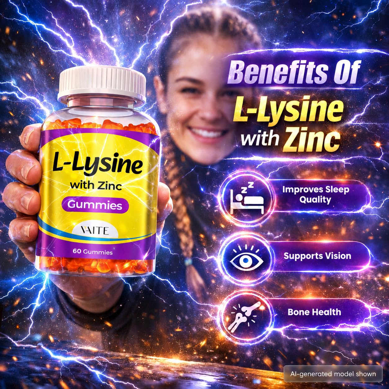 VAITE L-Lysine Gummies 1000mg with Zinc, 60 Gummies