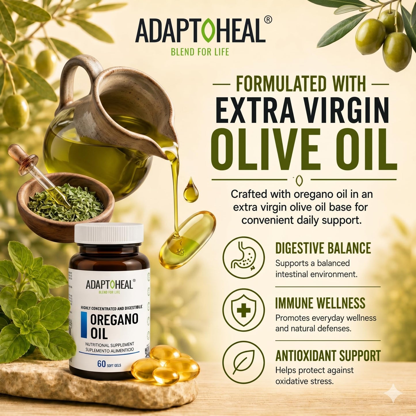 ADAPTOHEAL Oil of Oregano with 15% Carvacrol 4000mg Softgels, 60 count