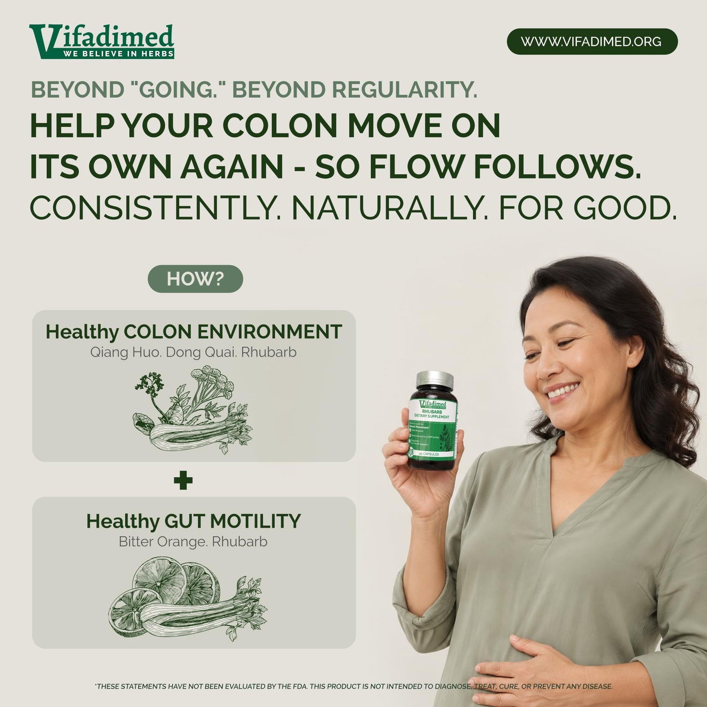 VIFADIMED Rhubarb Bowel Movement & Constipation Relief Prokinetics Gut Motility Activator Capsule, 45 Capsules