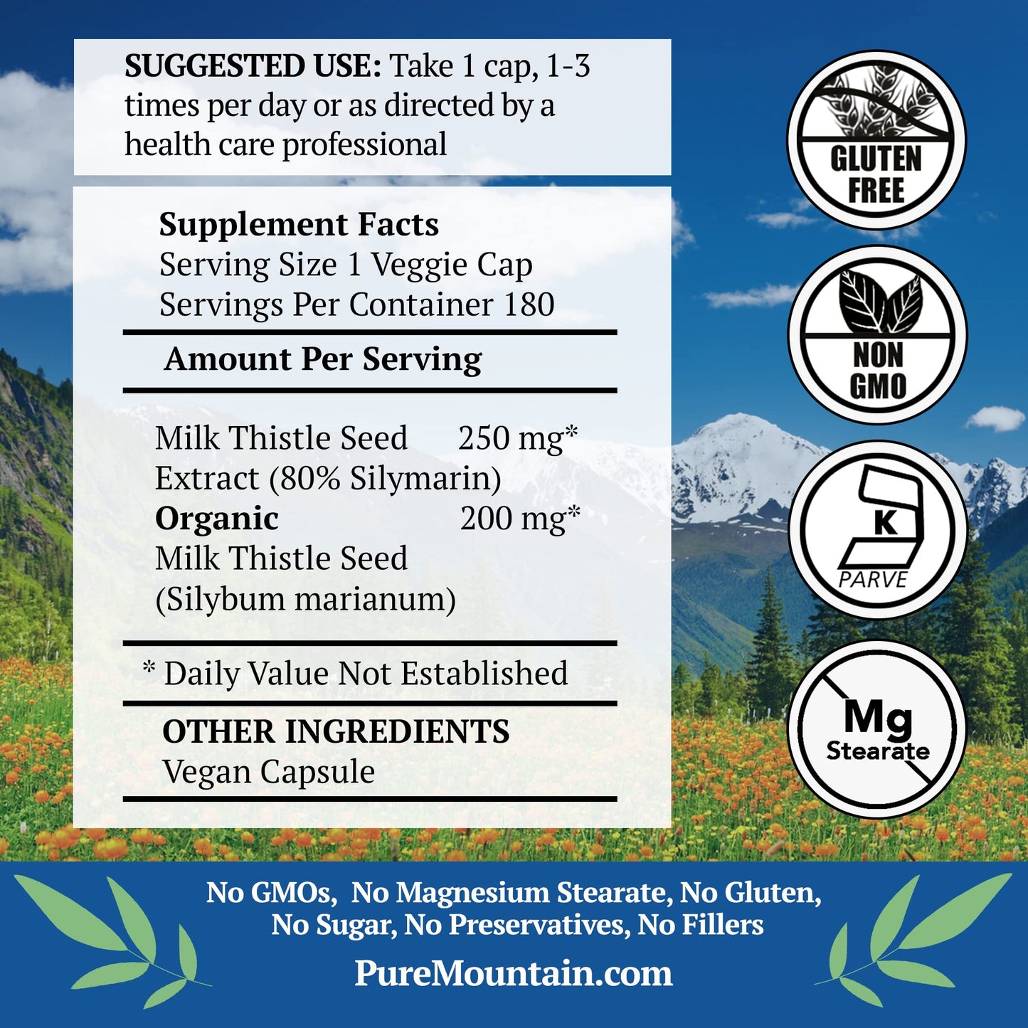 Pure Mountain Botanicals Milk Thistle Supplement 180 Capsules