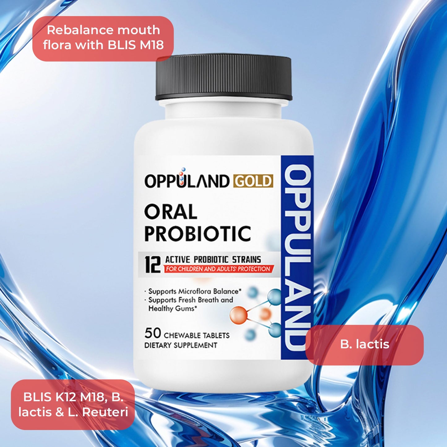 oppuland Oral Probiotic with 12 Probiotic Strains, BLIS K12 M18, B. lactis & L. Reuteri Chewable 50 Tablets