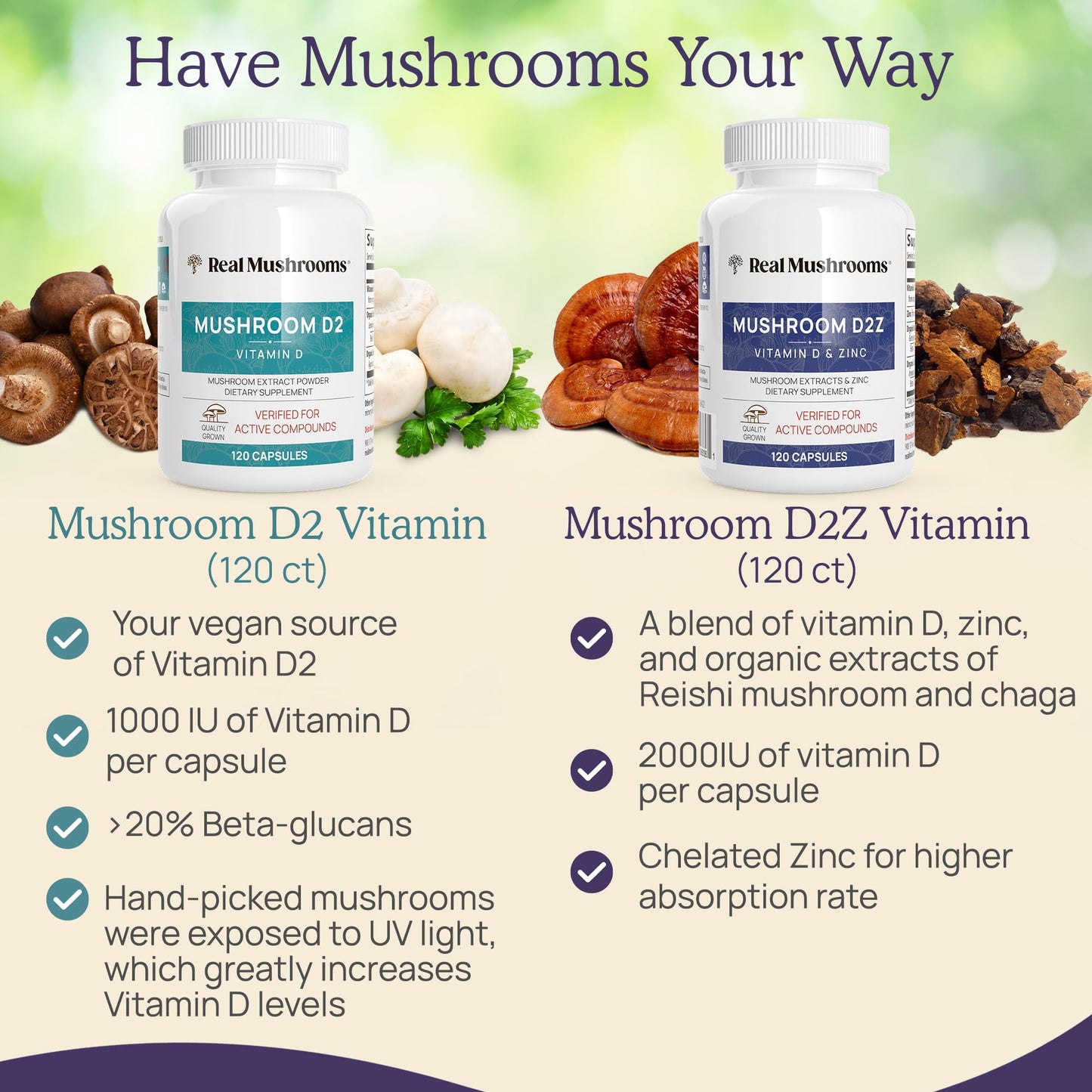 Real Mushrooms Zinc and Vitamin D2 Capsules with Organic Chaga and Reishi Mushroom Extracts – Vegan, Non-GMO, Gluten-Free, 120 Count
