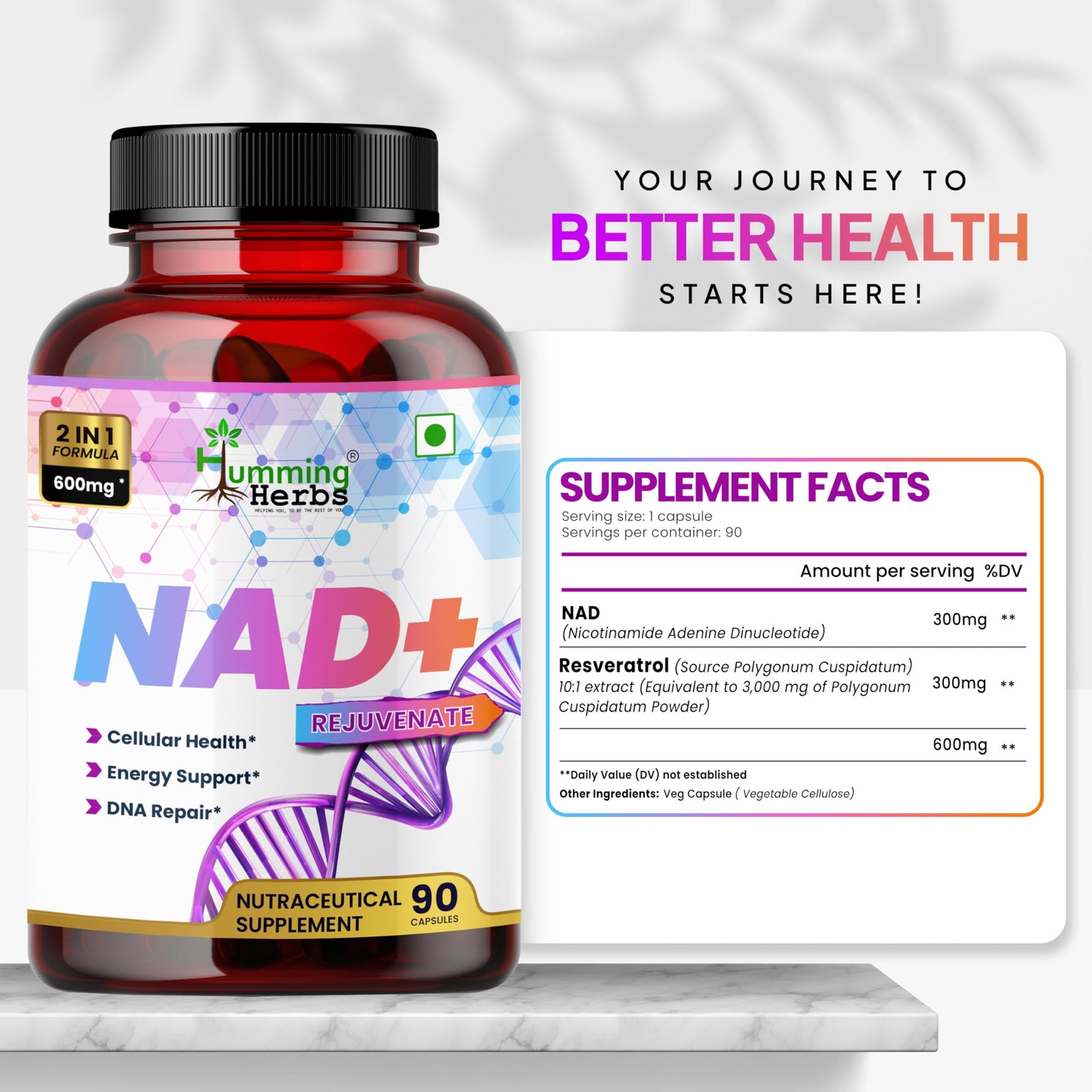 Humming Herbs NAD+ 300mg with Resveratrol 300mg Cellular Energy Booster, 90 Capsules