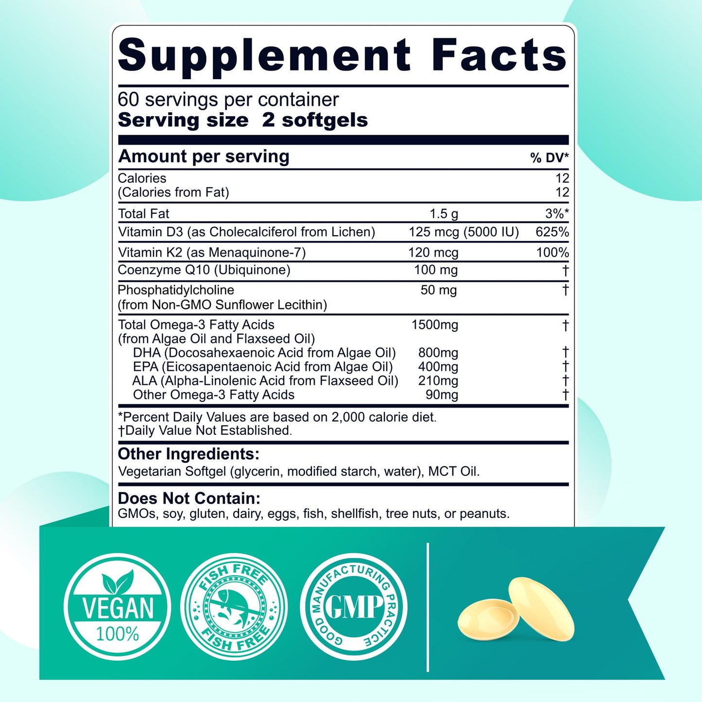 Nextdia Vegan Omega-3 EPA DHA ALA Supplements + CoQ10, Vitamin D3 K2 120 Softgels