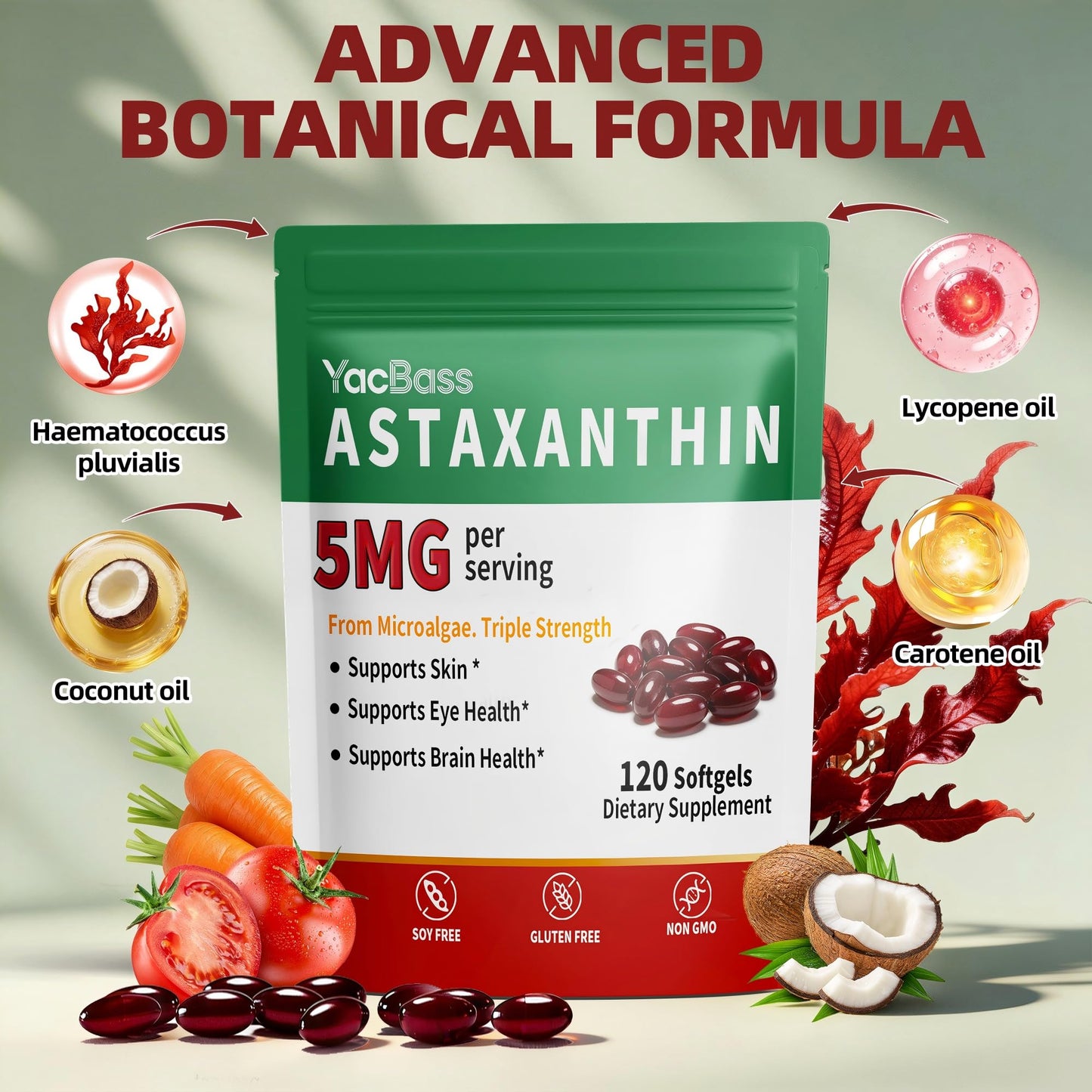 YacBass Astaxanthin 5mg Softgel, 120 Softgels