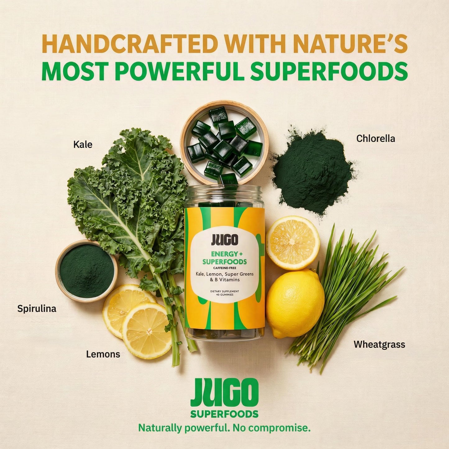 JUGO LLC Energy + SUPERFOODS Vitamin B12 Gummies with Kale & Super Greens, Caffeine-Free Pre-Workout Energy Gummies, 40 Count