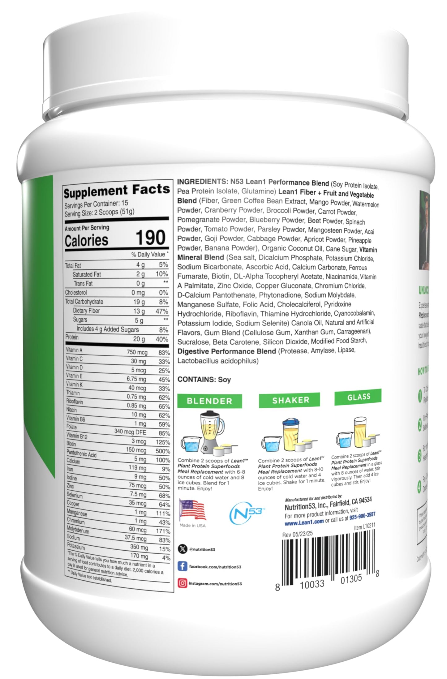 LEAN1 Plant-Based Protein Powder Banana Flavor Meal Replacement 27 Servings
