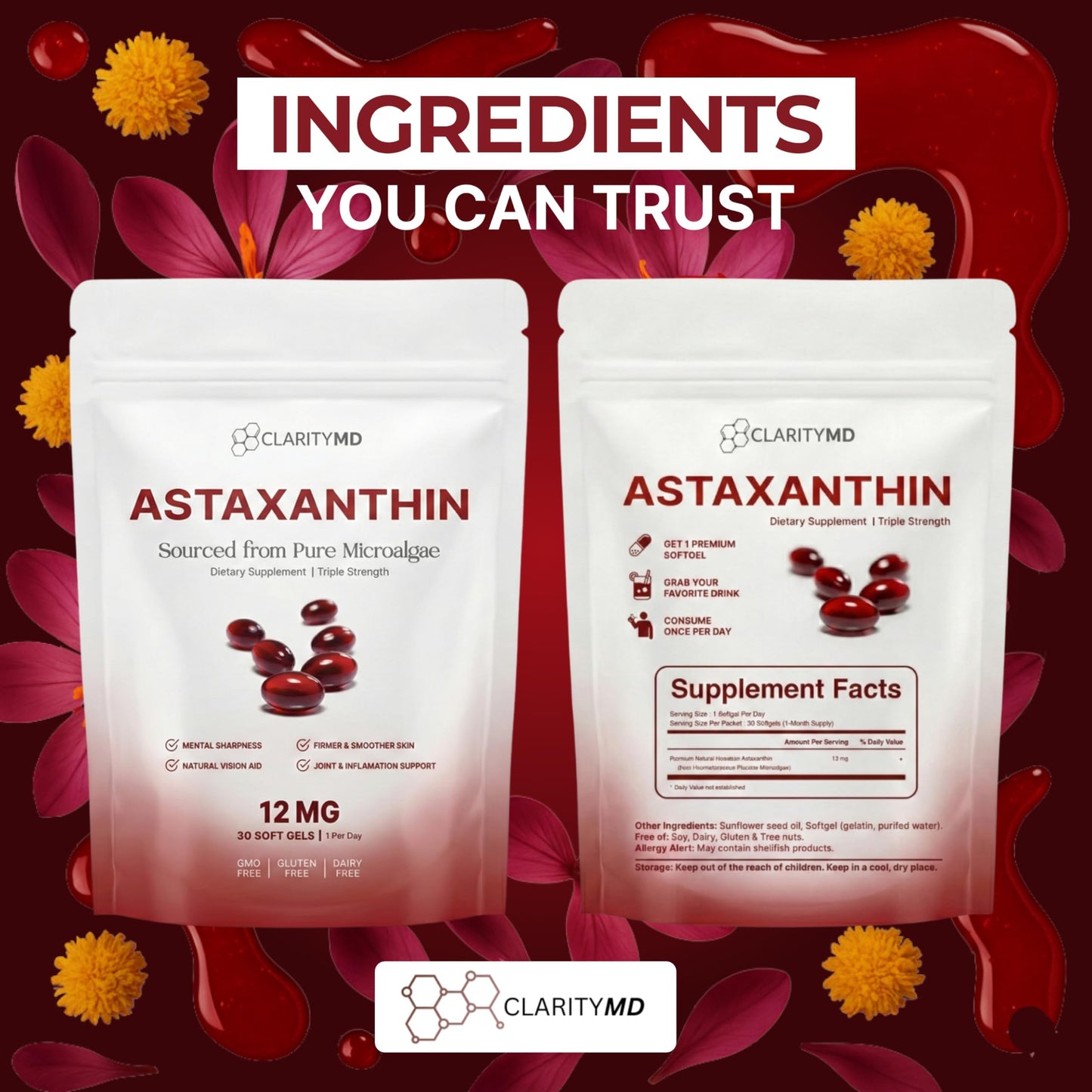 ClarityMD Astaxanthin 12mg Antioxidants Supplement Softgels, 30 Count