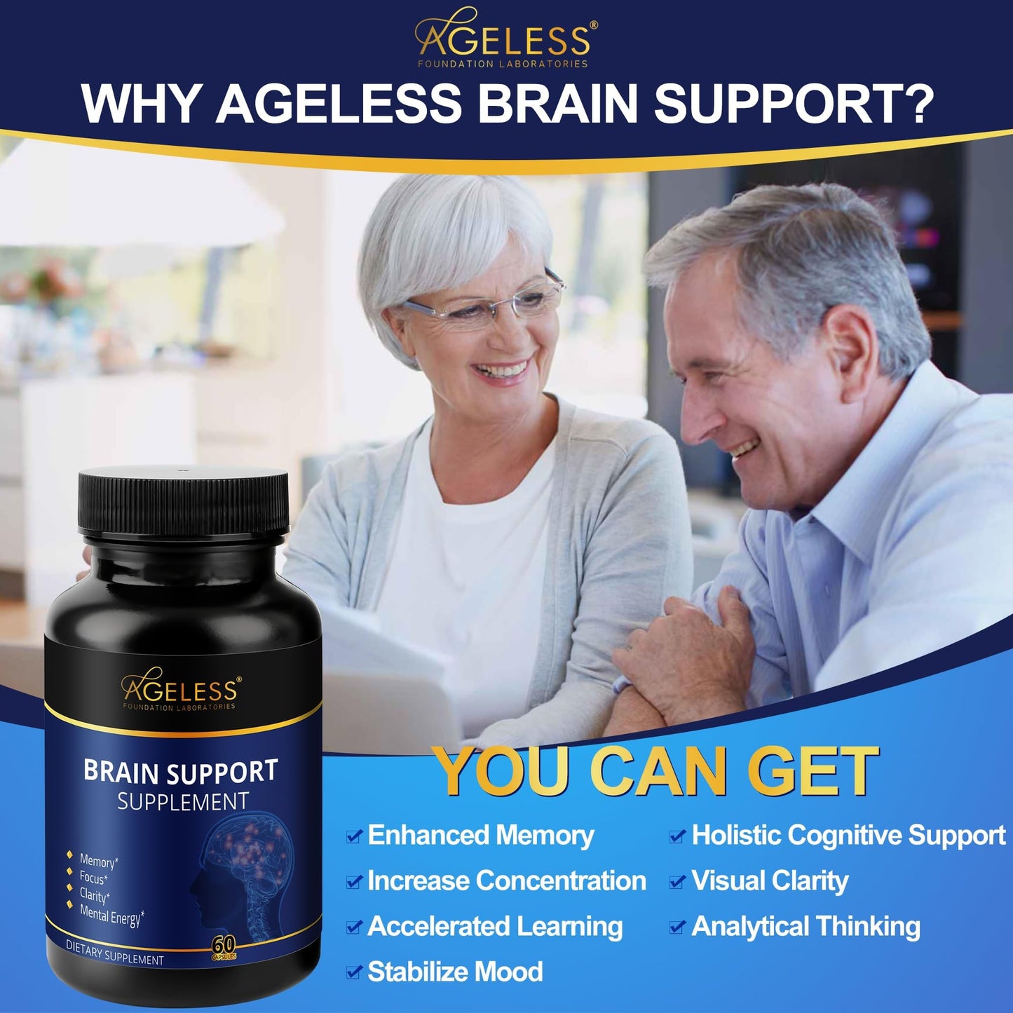 Ageless Foundation Laboratories Ageless Brain Supplement for Memory and Focus Capsule, 60 Capsules