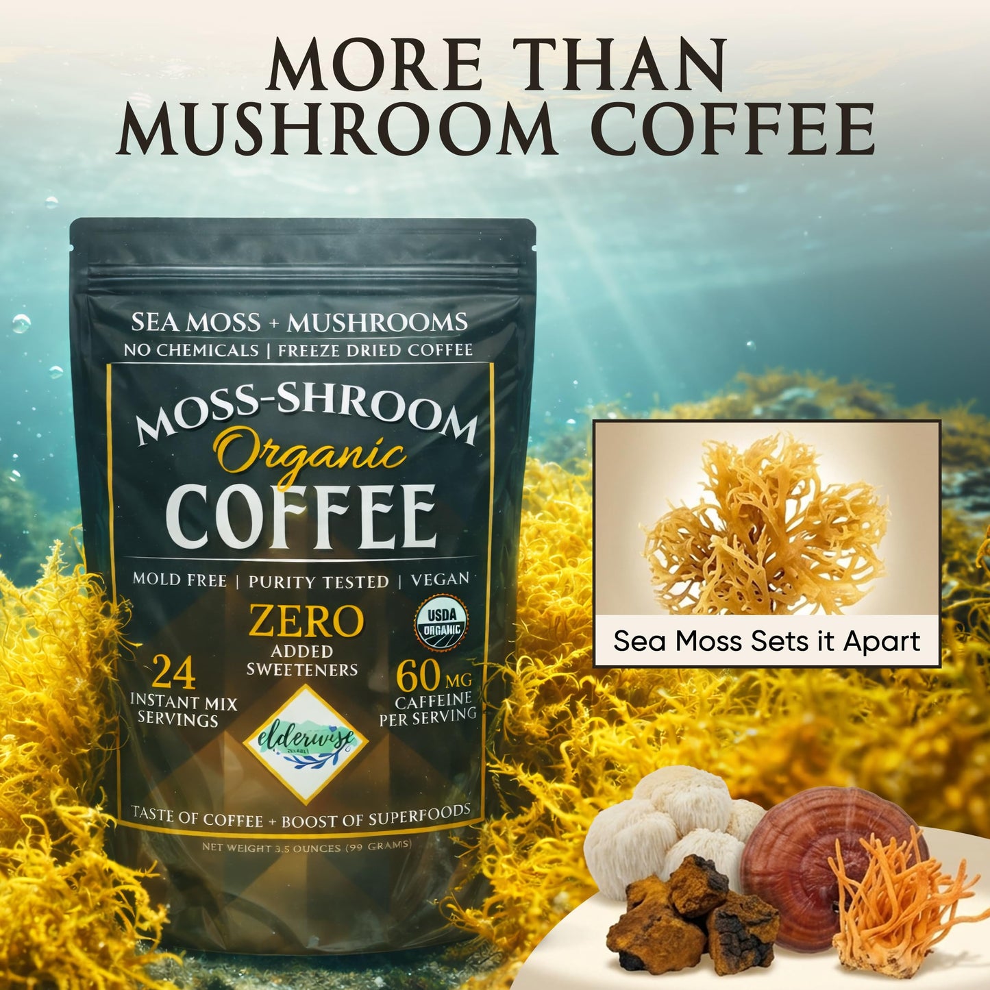 Elderwise Organics Made With Love Mushroom Coffee with Sea Moss Powder 3.5 Ounce