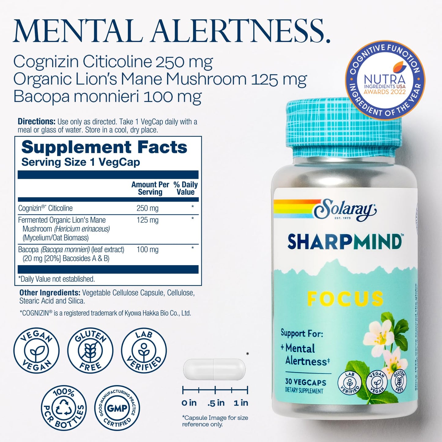 Solaray SharpMind Focus Capsule with Cognizin Citicoline, Memory Support, Vegan, 30 Count