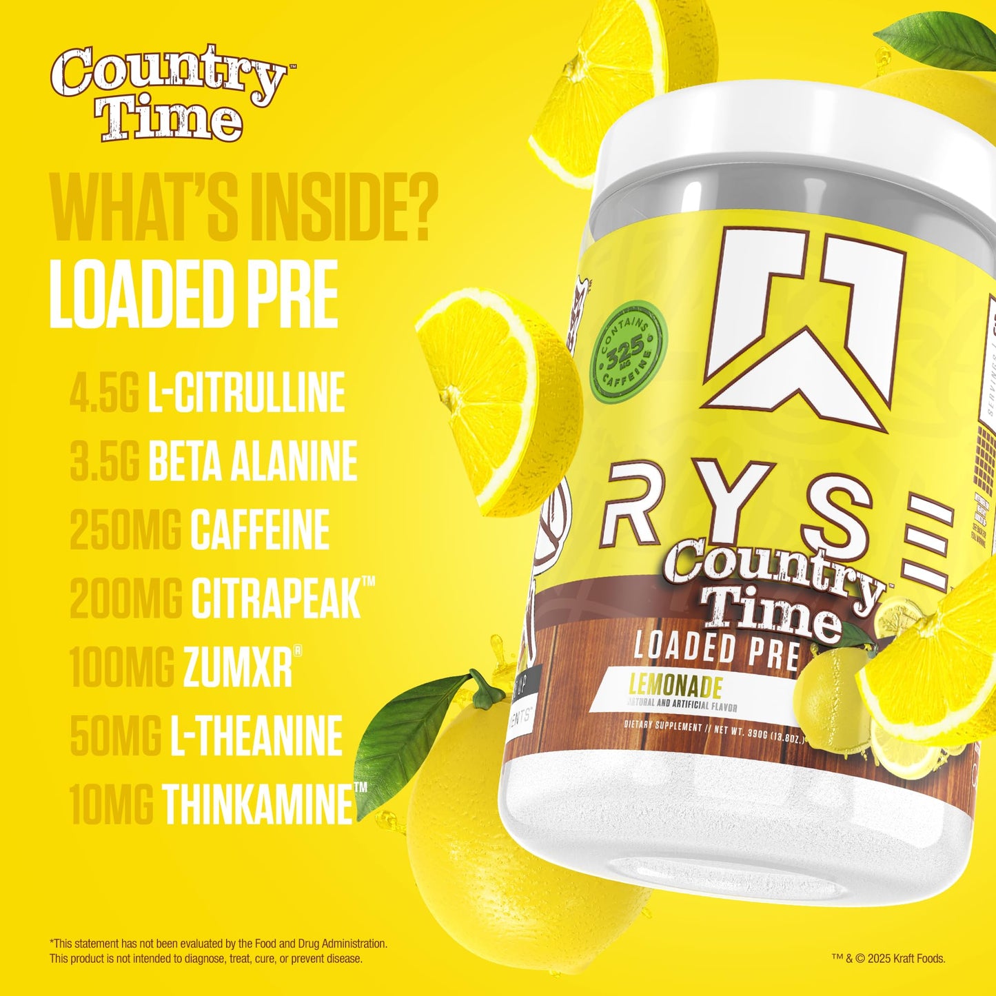 RYSE Up Supplements Loaded Pre Workout Powder Country Time Lemonade, 15.3 oz, 30 Servings