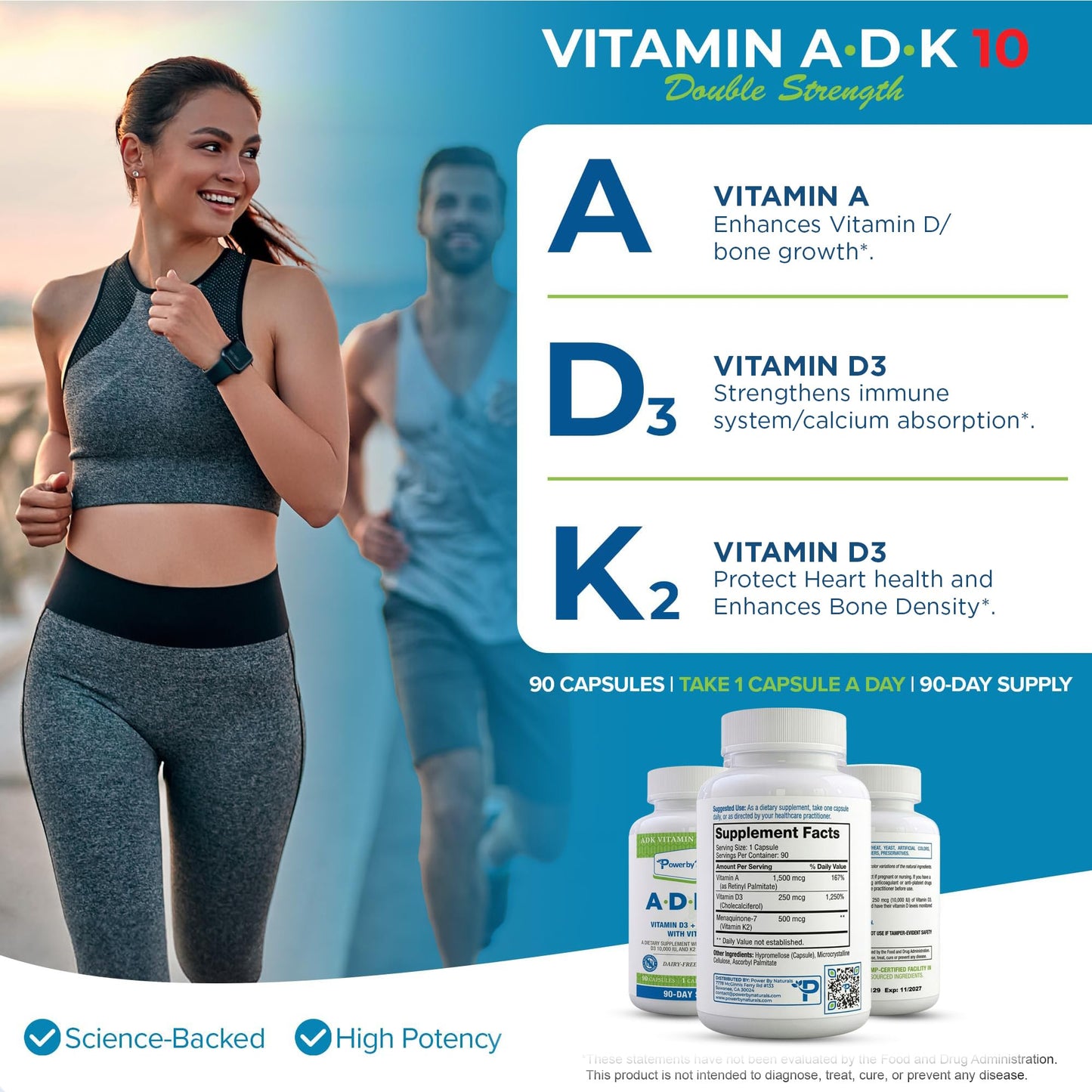 Power By Naturals ADK Vitamin Supplement with Vitamins A, D3 250 mcg & K2 MK-7 for Bone & Immune Health, 180 Capsules