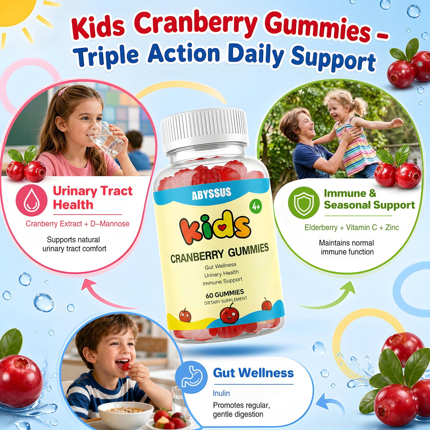 ABYSSUS Cranberry Gummies for Kids with D-Mannose, Urinary Support Gummy, 60 Count