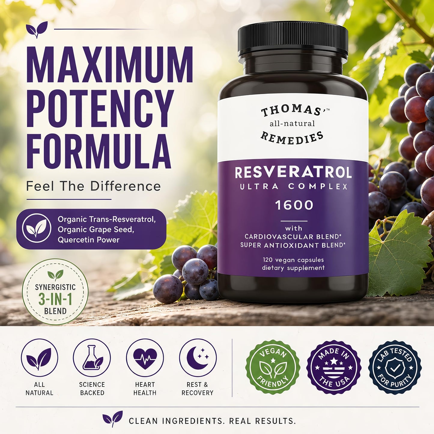 Thomas' all-natural Remedies Resveratrol 1600mg Organic Trans-Resveratrol Antioxidant Supplement with Organic Grape Seed Extract and Quercetin, Anti-Aging and Cardiovascular Support, 120 Capsules