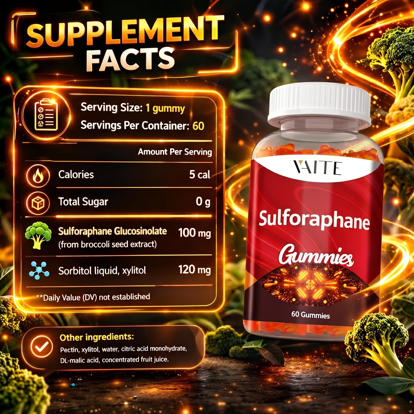 VAITE Sulforaphane Glucosinolate Supplement 100mg – Broccoli Seed Extract, Gummies, 60 Count