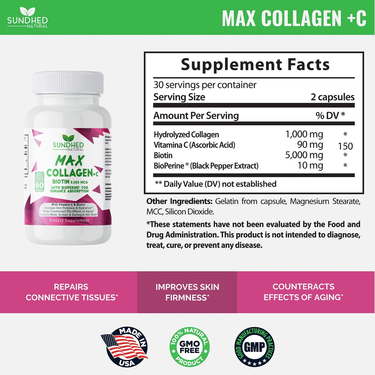 Sundhed Natural Max Collagen Plus C Capsules, 60 Count