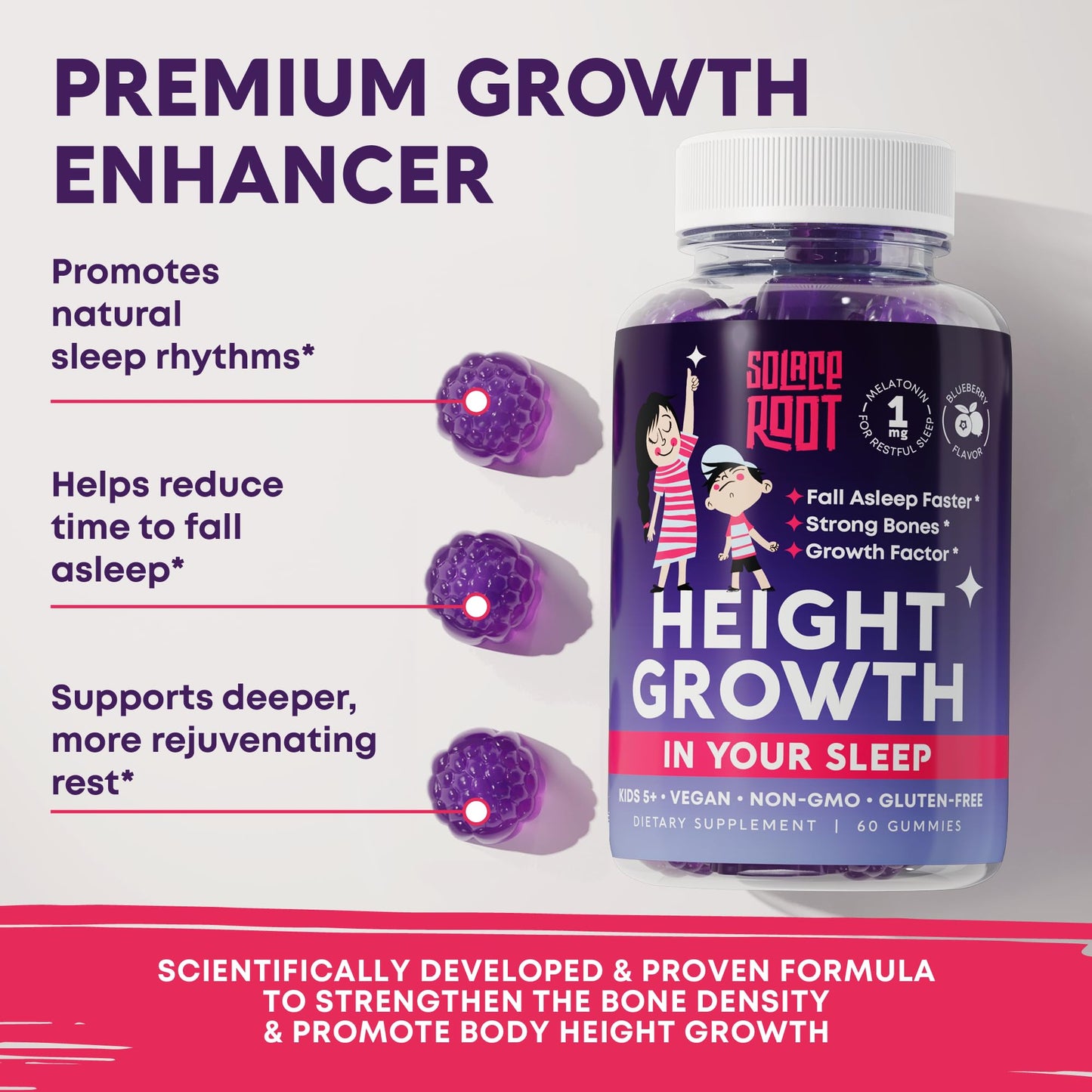 SOLACEROOT Height Growth Gummies with Melatonin for Kids & Teens - Ashwagandha for Kids - Melatonina Para Niños - Height Growth Supplement - Teen Boy Vitamins - Grow Taller Supplement - Kids Melatonin Gummies, 60 Gummies