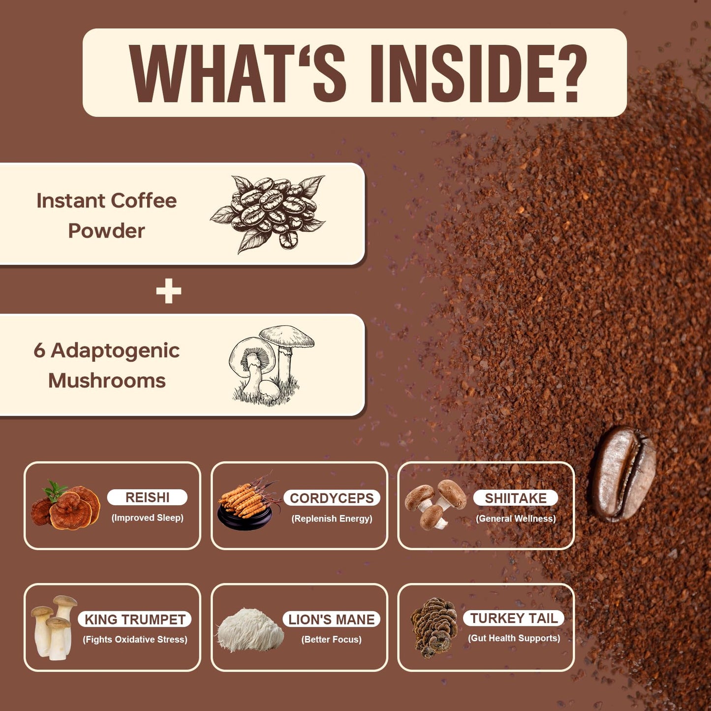 Bcuelov Mushroom Coffee Powder with 6 Adaptogenic Mushrooms (Cordyceps, Lion’s Mane, Shiitake, Turkey Tail) and MCT Oil for Energy, Focus, Immune Support, 6.35 Ounce