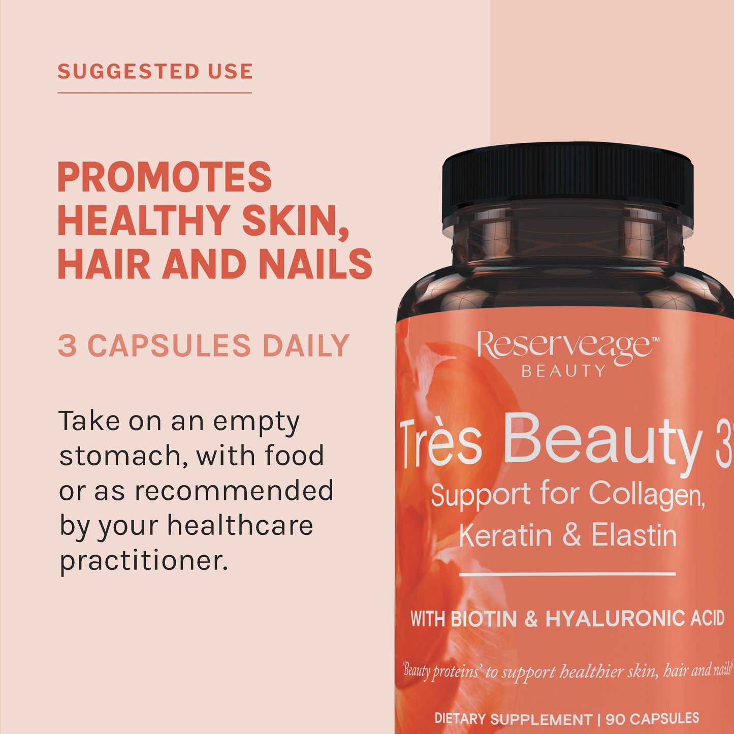 Reserveage Nutrition Tres Beauty 3 Collagen Supplement with Keratin & Biotin Capsules, 90 Count