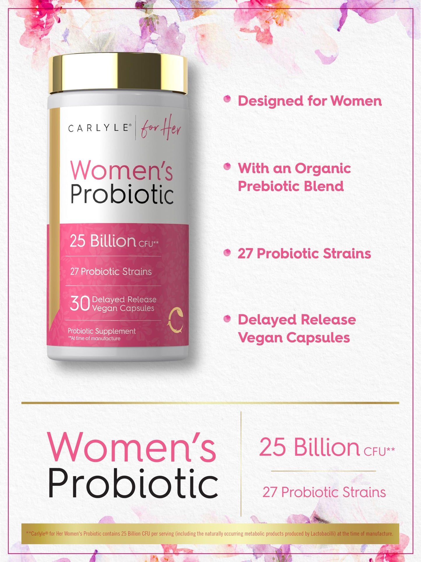 Carlyle Women's 25 Billion CFU Probiotic Supported by 27 Strains Capsule, 30 Count
