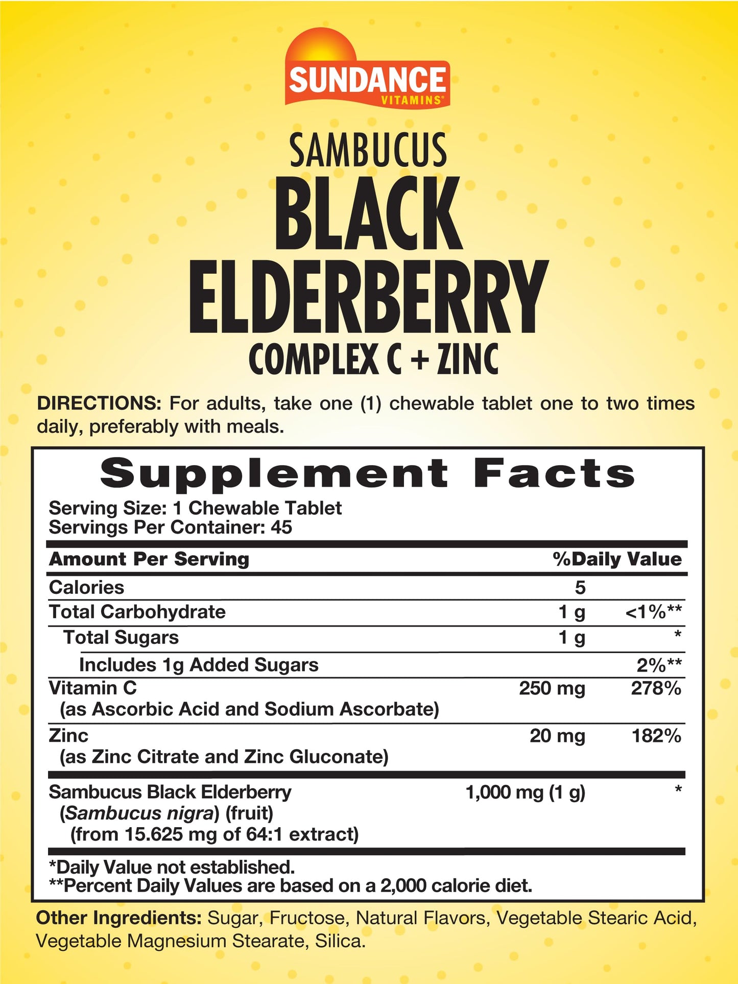 Sundance Sambucus Black Elderberry Complex with Vitamin C and Zinc, Chewable Tablets, 45 Count