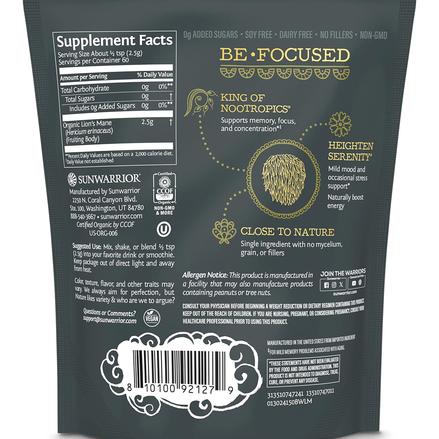 Sunwarrior Lions Mane Supplement Organic Mushroom Powder, 5.2911 oz