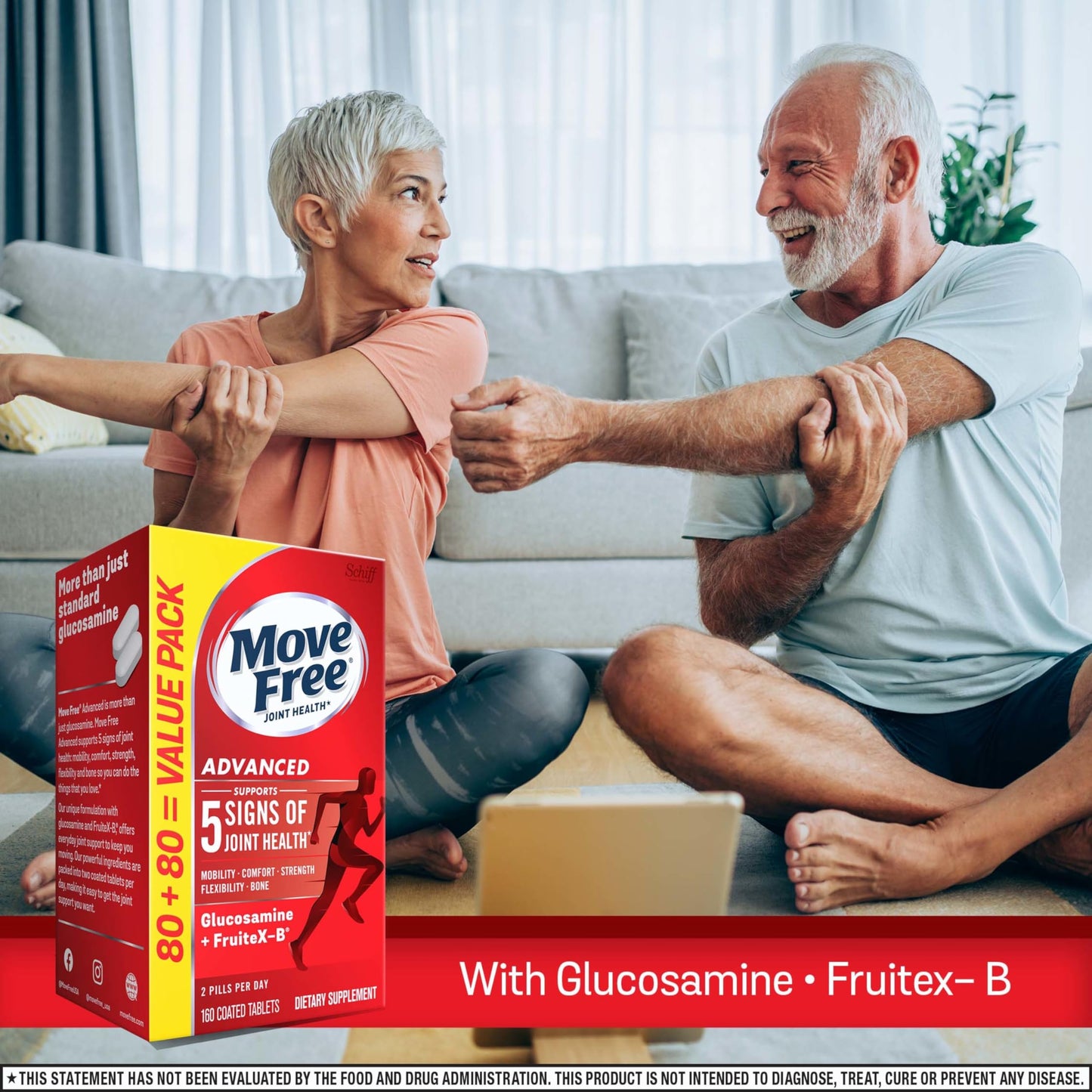 Move Free Advanced Glucosamine Chondroitin + Calcium Fructoborate Joint Support Tablets, 160 Count