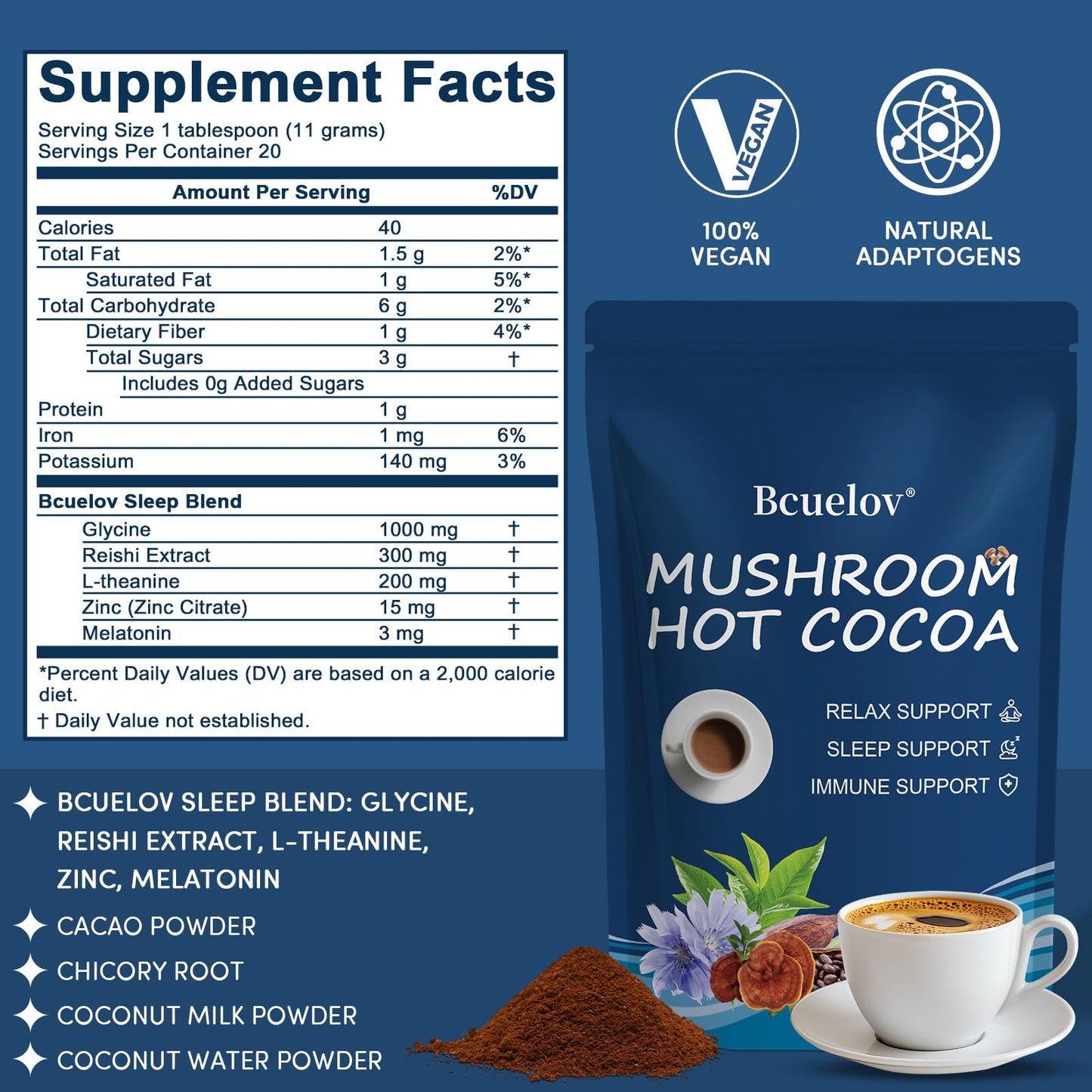 Bcuelov Mushroom Hot Cocoa Powder with Reishi Mushroom, Melatonin, Glycine, Cacao, L-Theanine, Chicory to Help Fall Asleep and Stay Asleep, 7.76 Ounce