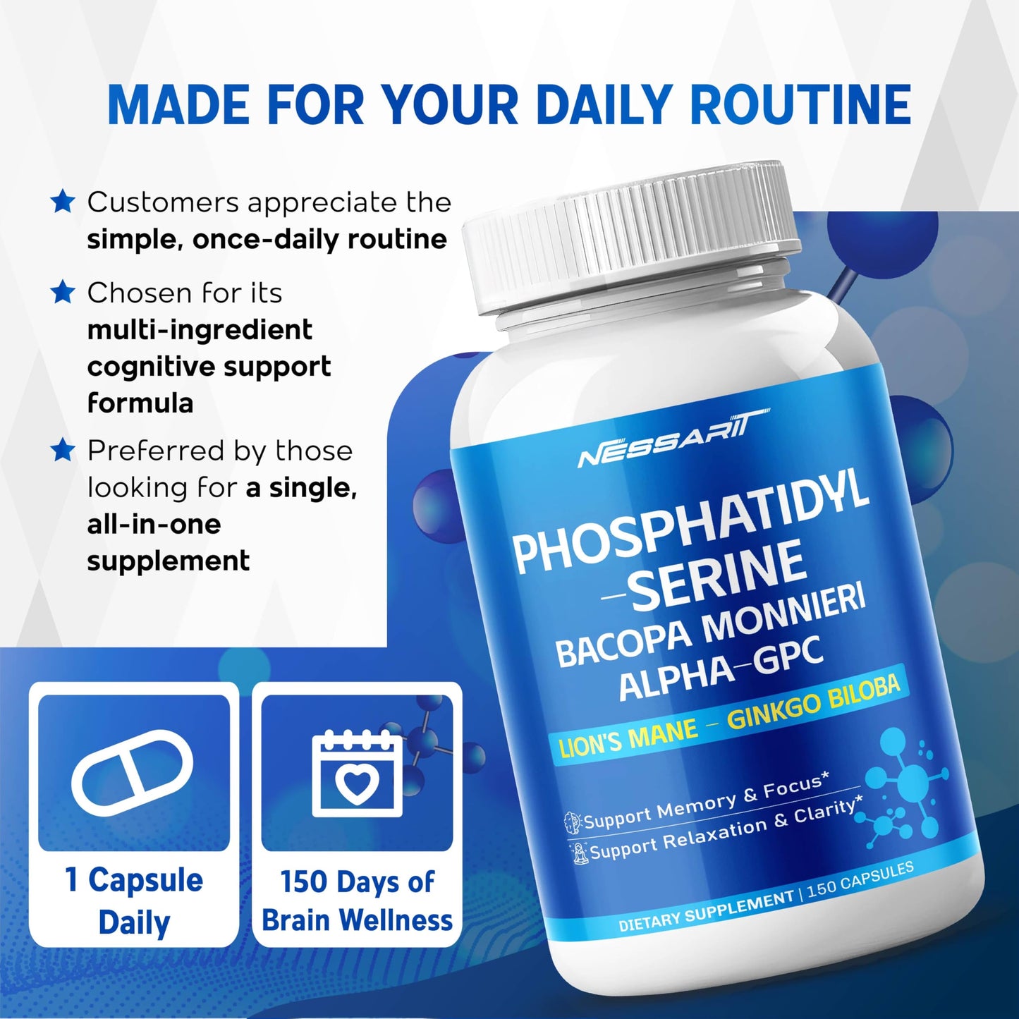 NESSARIT Phosphatidylserine, Bacopa, Alpha-GPC, Lion’s Mane & Ginkgo Capsules, 150 Capsules
