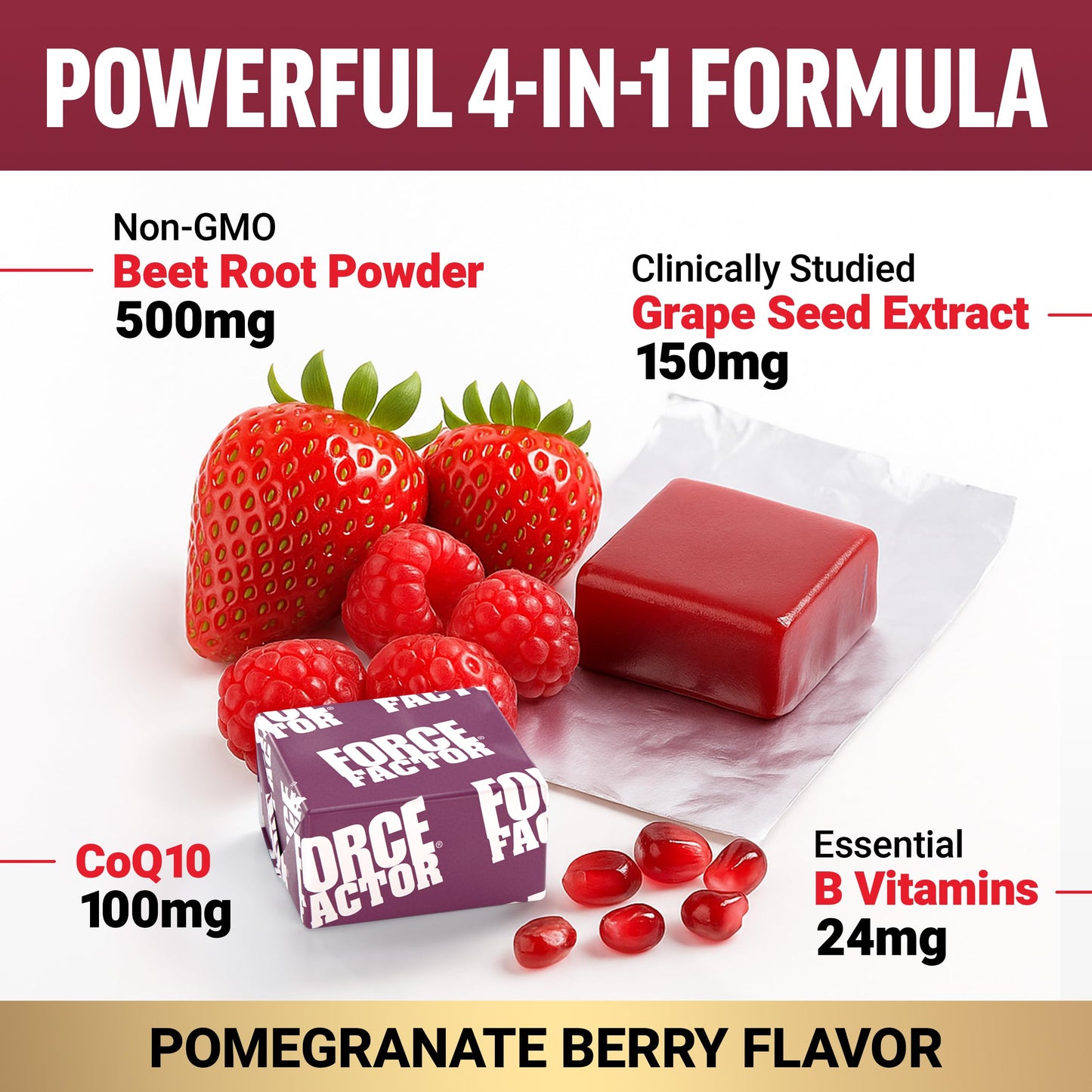 Force Factor Total Beets Ultimate Heart Health Chews for Blood Pressure Support, with Beetroot Powder, CoQ10, B Vitamins & Grapeseed Extract for Blood Flow & Energy, Pomegranate Berry, 60 Soft Chews
