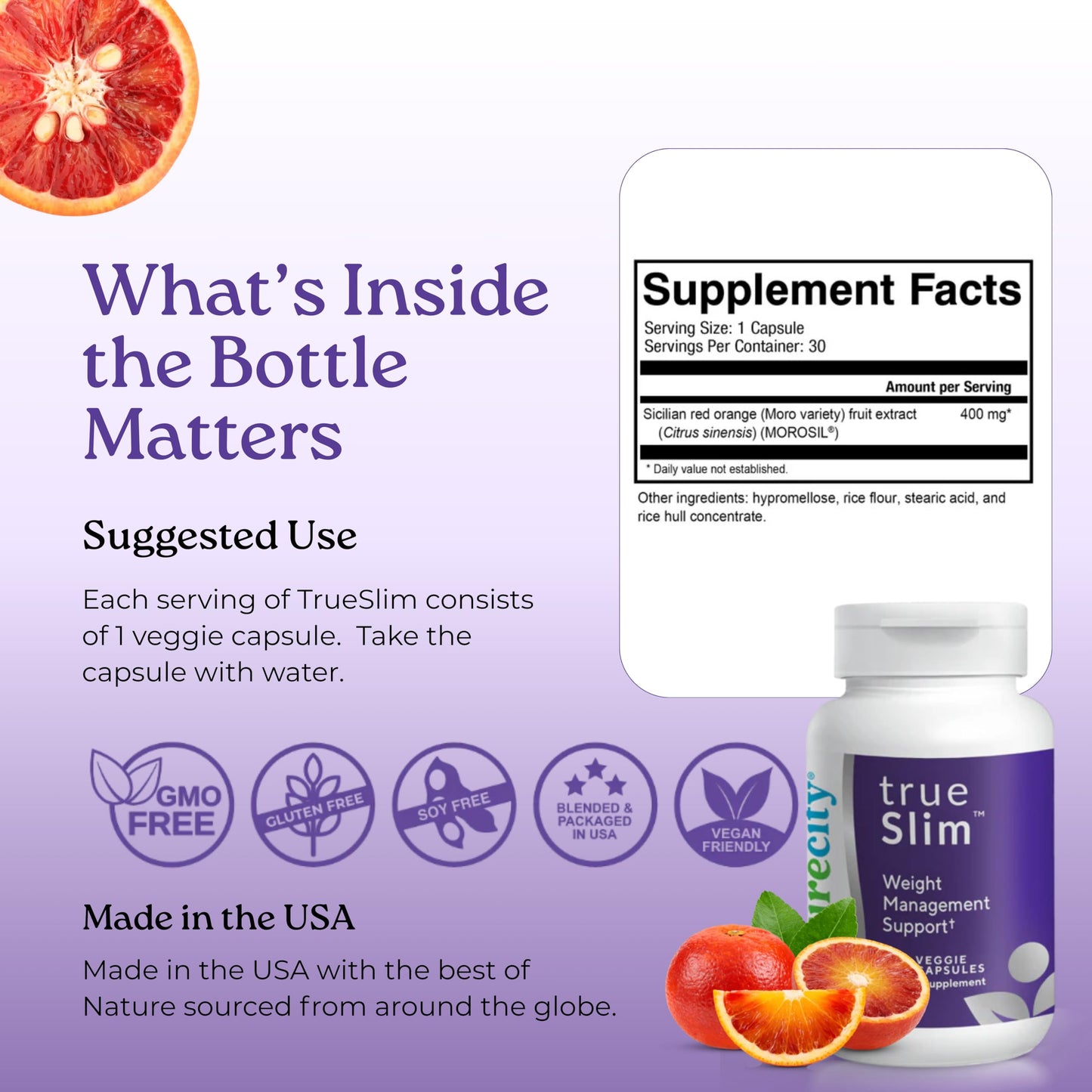 NatureCity True-Slim Morosil Weight Management Capsules 400mg Sicilian Blood Orange Extract, 30 Capsules