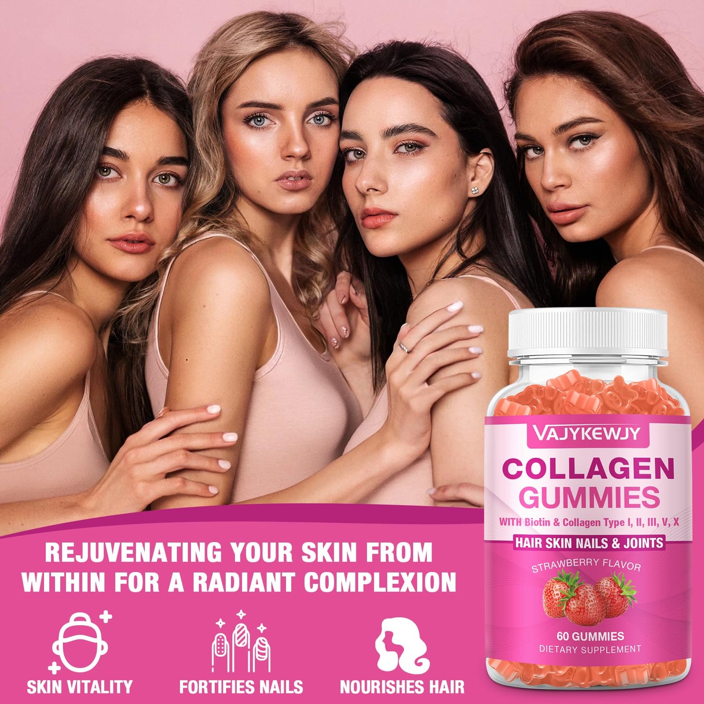 VAJYKEWJY Vegan Collagen Gummies for Women & Men - with Biotin, Vitamin C, & Zinc for Skin Radiance, Hair Growth, Strong Nails, & Joint Support, 60 Count