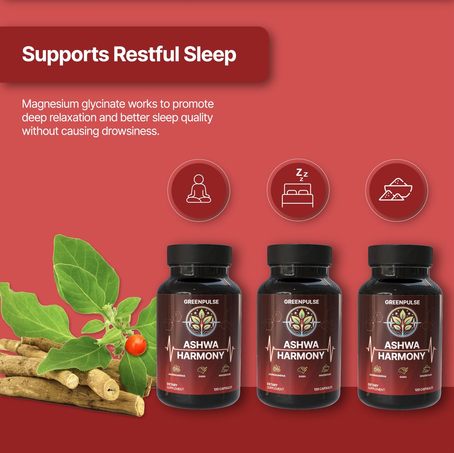 GREENPULSE Ashwa Harmony Adaptogenic Blend with Ashwagandha, GABA, Magnesium Glycinate, 120 Capsules