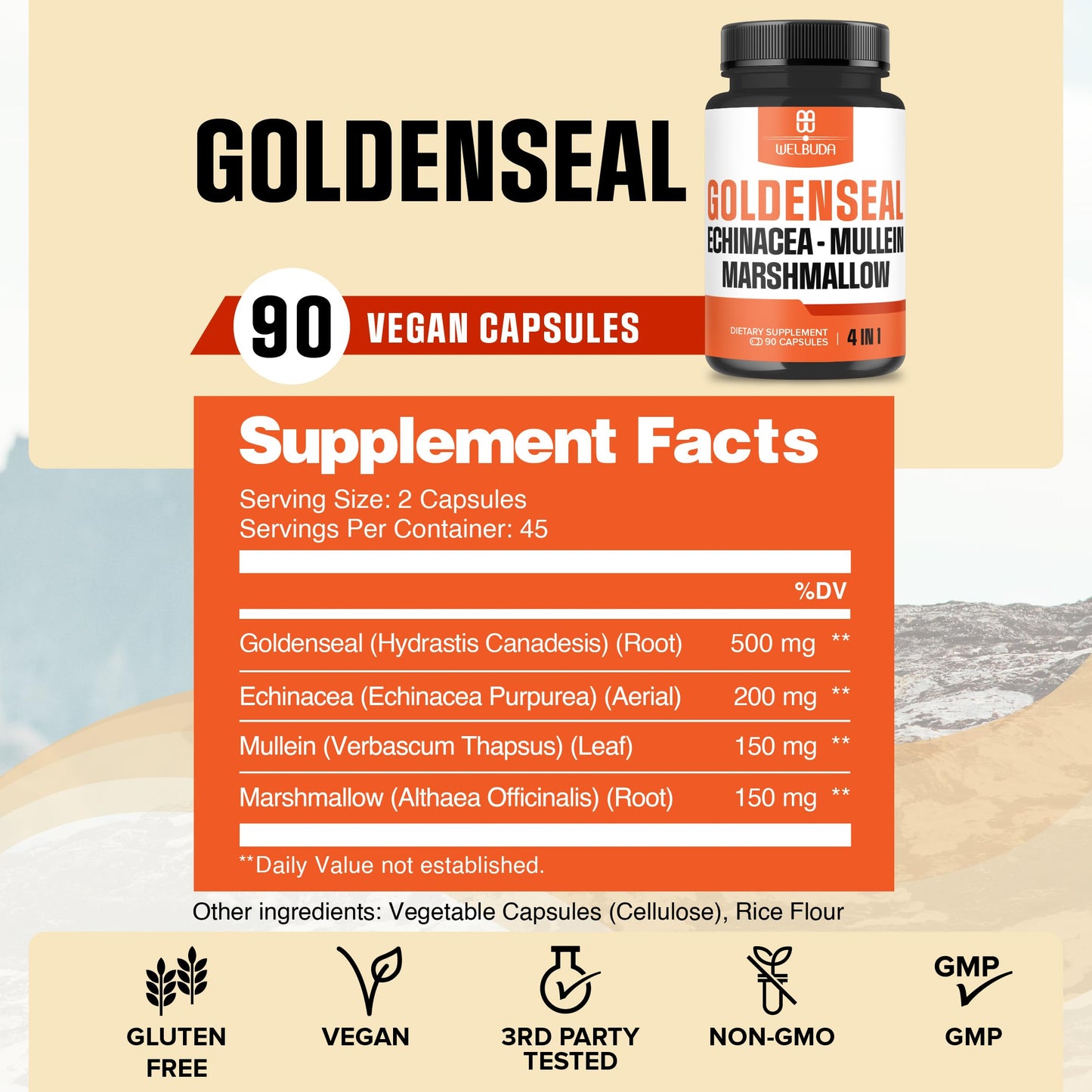 WELBUDA Goldenseal Root with Echinacea, Mullein Leaf, Marshmallow 90 Veggie Capsules