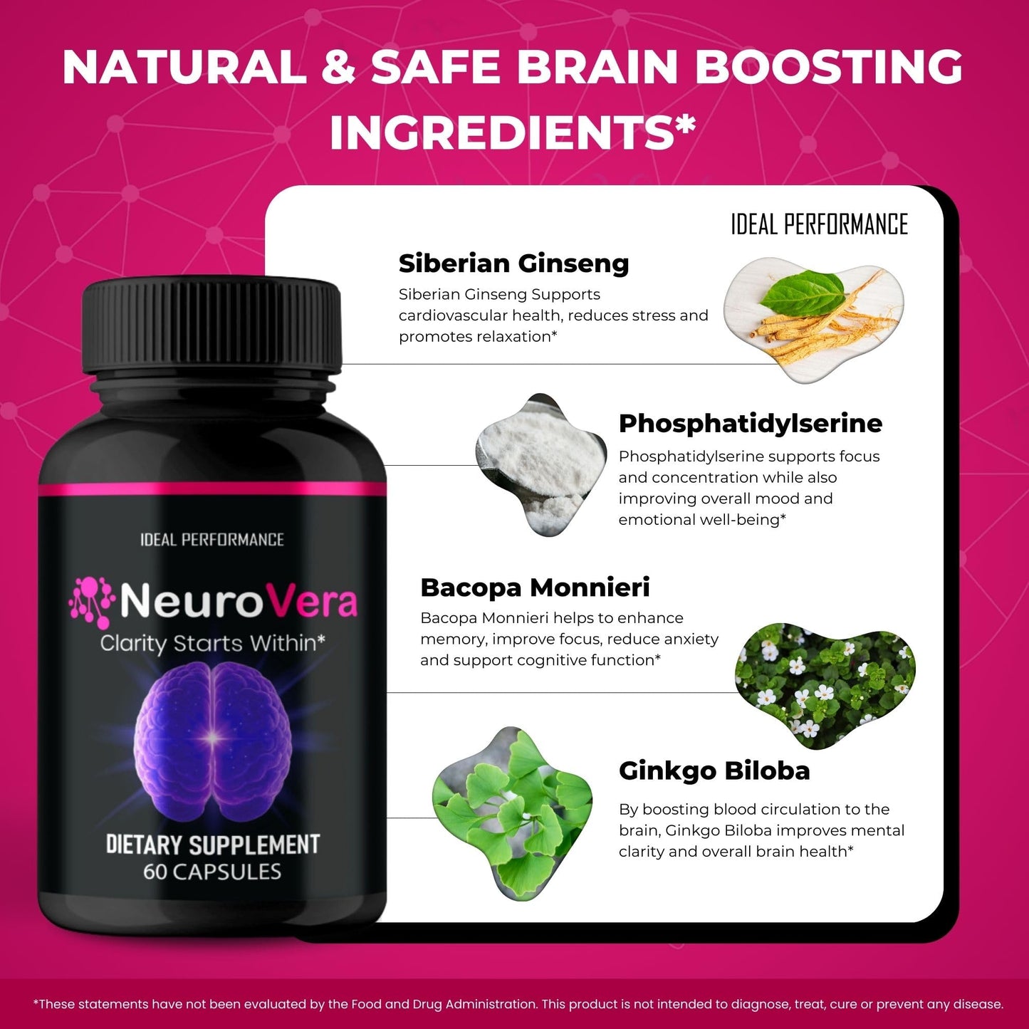 IDEAL PERFORMANCE Neurovera Brain Supplements for Memory and Focus Capsules, 60 Count
