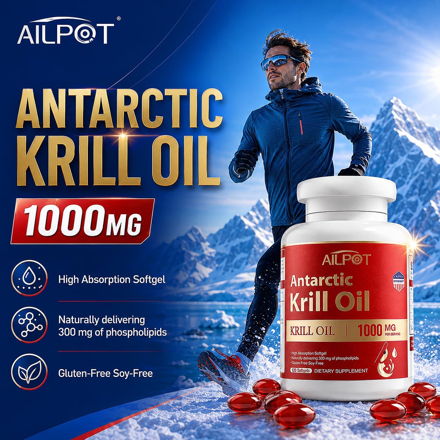 AILPOT Antarctic Krill Oil 1000mg Omega-3 EPA DHA Softgels 120