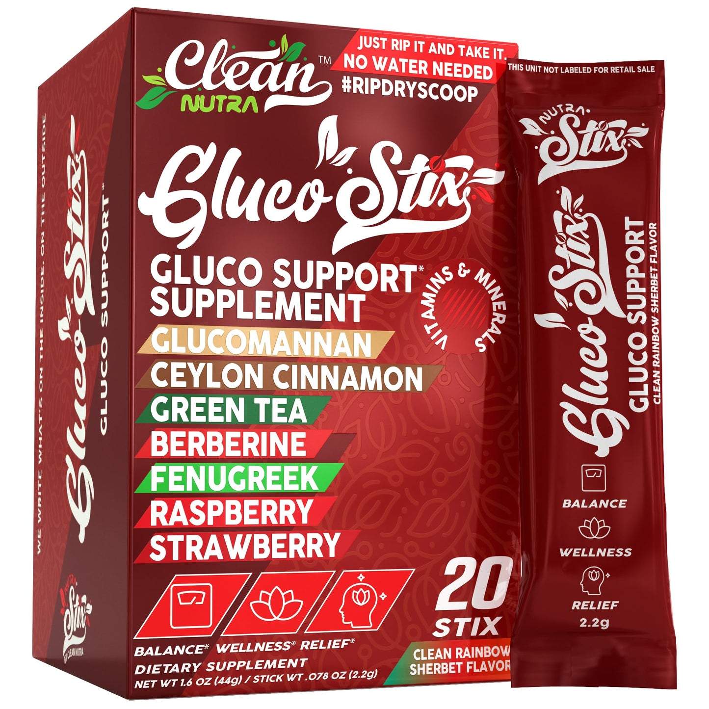 Clean Nutraceuticals Ceylon Cinnamon Powder, Green Tea Extract, Glucomannan, Berberine Supplement, Chromium Picolinate, Apple Cider Vinegar – Rainbow Sherbet Powder Sticks, 20 Count