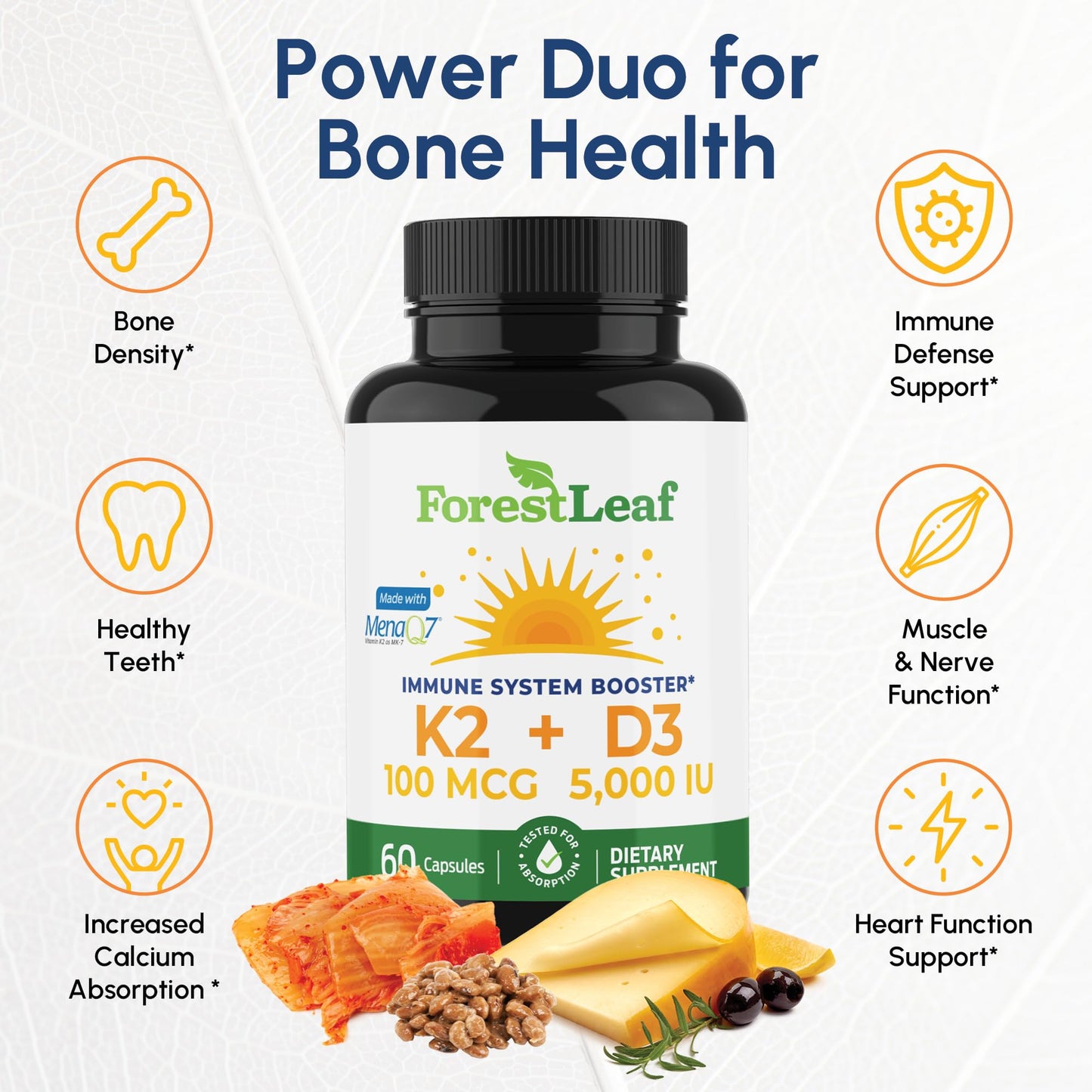 ForestLeaf Vitamin D3 + K2 (MK7) Supplement Capsule, 60 Capsules