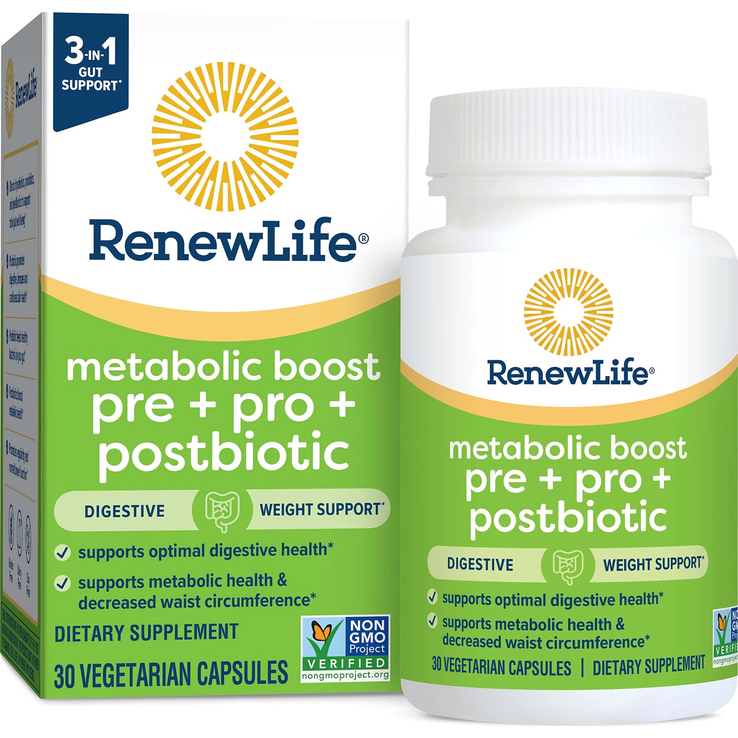 Renew Life Metabolic Boost Pre + Pro + Postbiotic; Prebiotics, Probiotics and Postbiotics Support Optimal Digestive Health and Metabolic Health Capsules 30