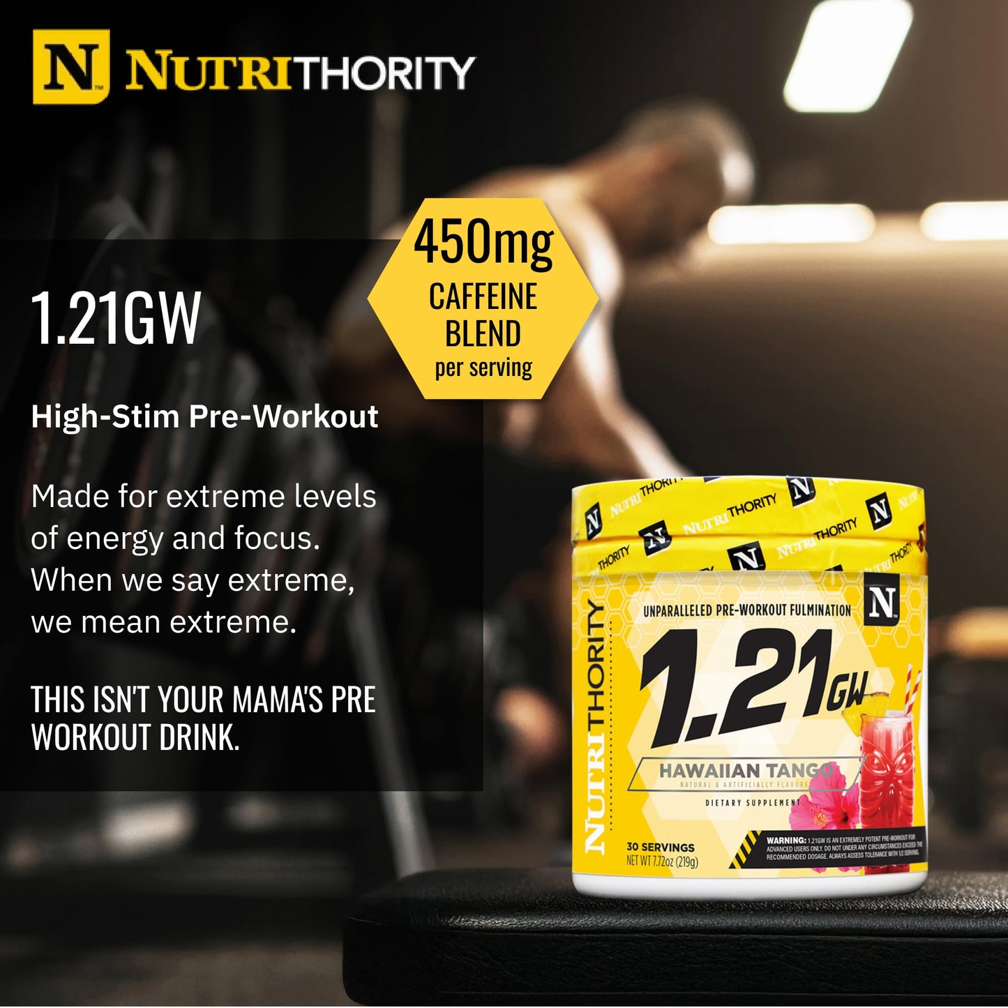 Nutrithority 1.21GW High Stim Pre Workout Powder for Men, High Caffeine, Hawaiian Tango, 19 Servings