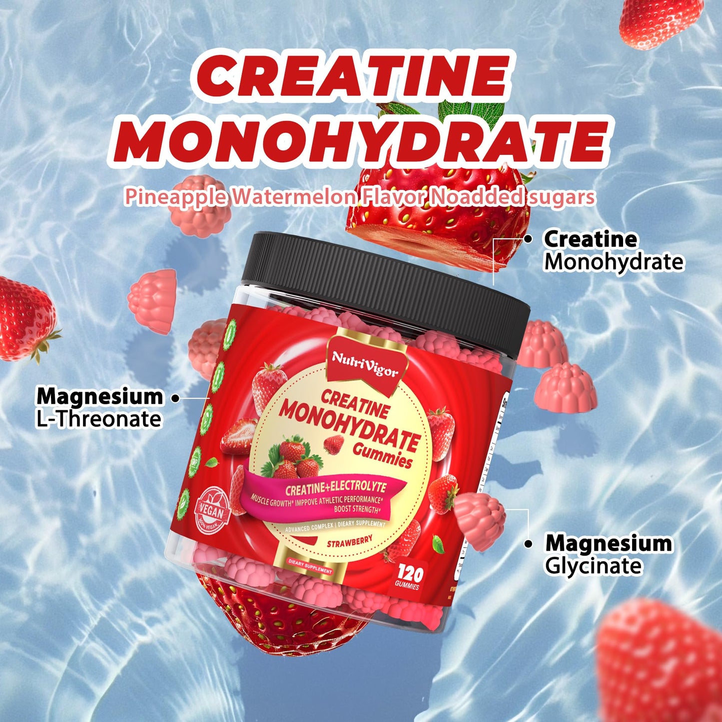 NutriVigor Creatine Monohydrate Gummies 5g Strawberry 120 Count