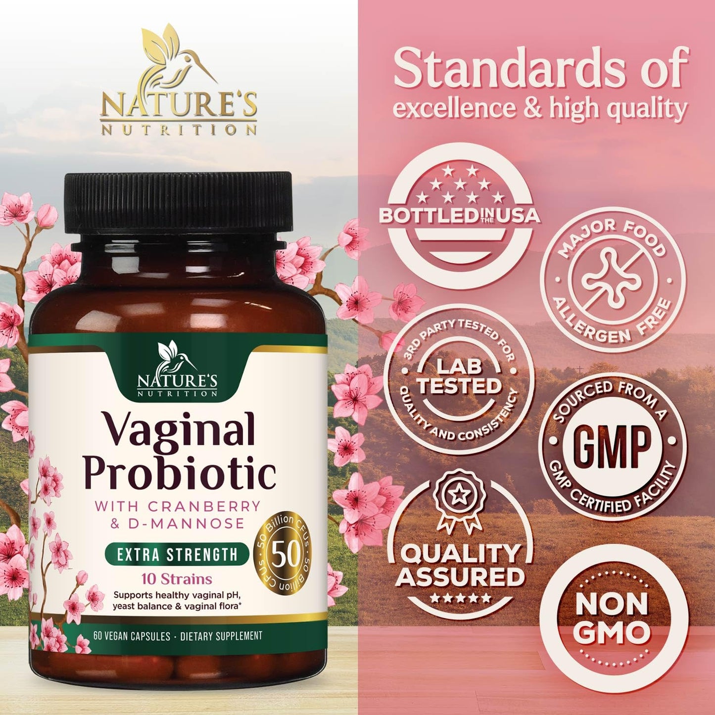 Nature's Nutrition Vaginal Probiotics for Women - 50 Billion CFU per Capsule - Targeted Lactobacillus Blend with Prebiotics, Cranberry, D-Mannose - For pH Balance, Feminine Flora, Odor, & Urinary Support, 60 Capsules