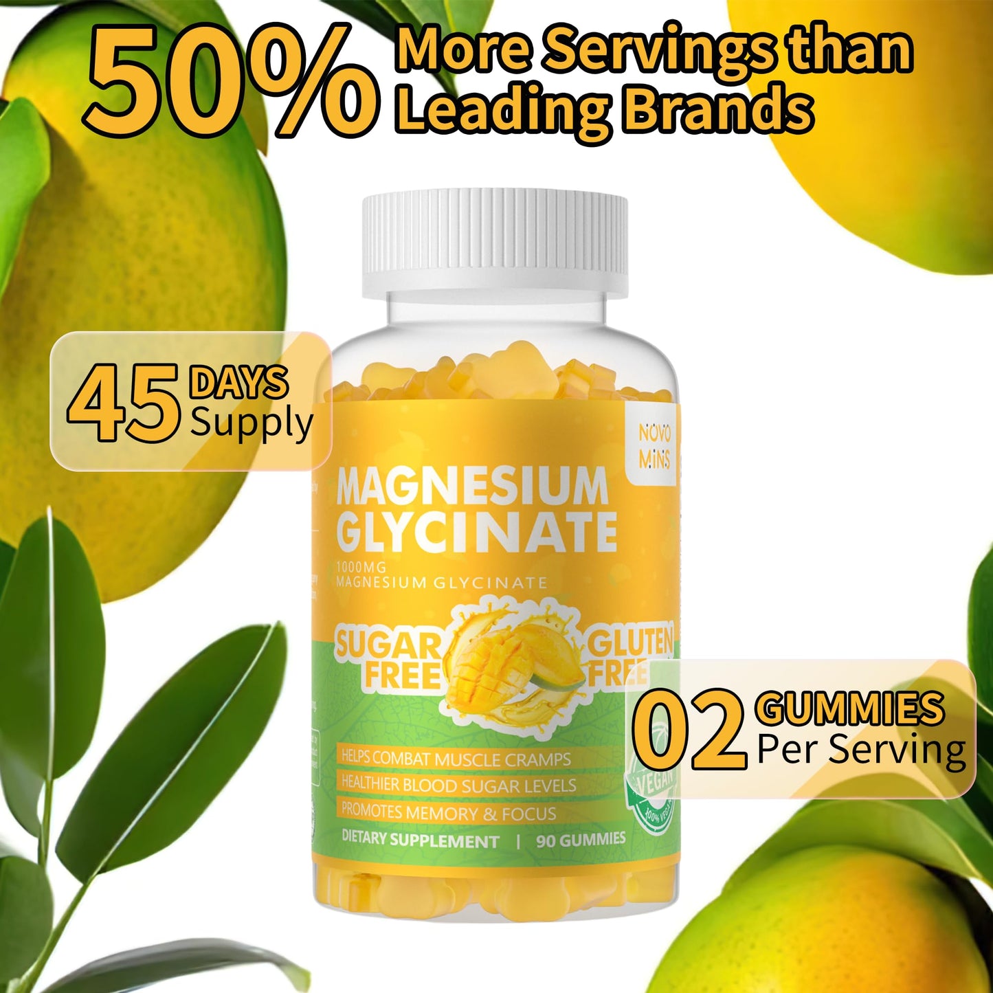 Novomins Magnesium Glycinate Gummies 1000mg, 180 Gummies, Mango Pineapple