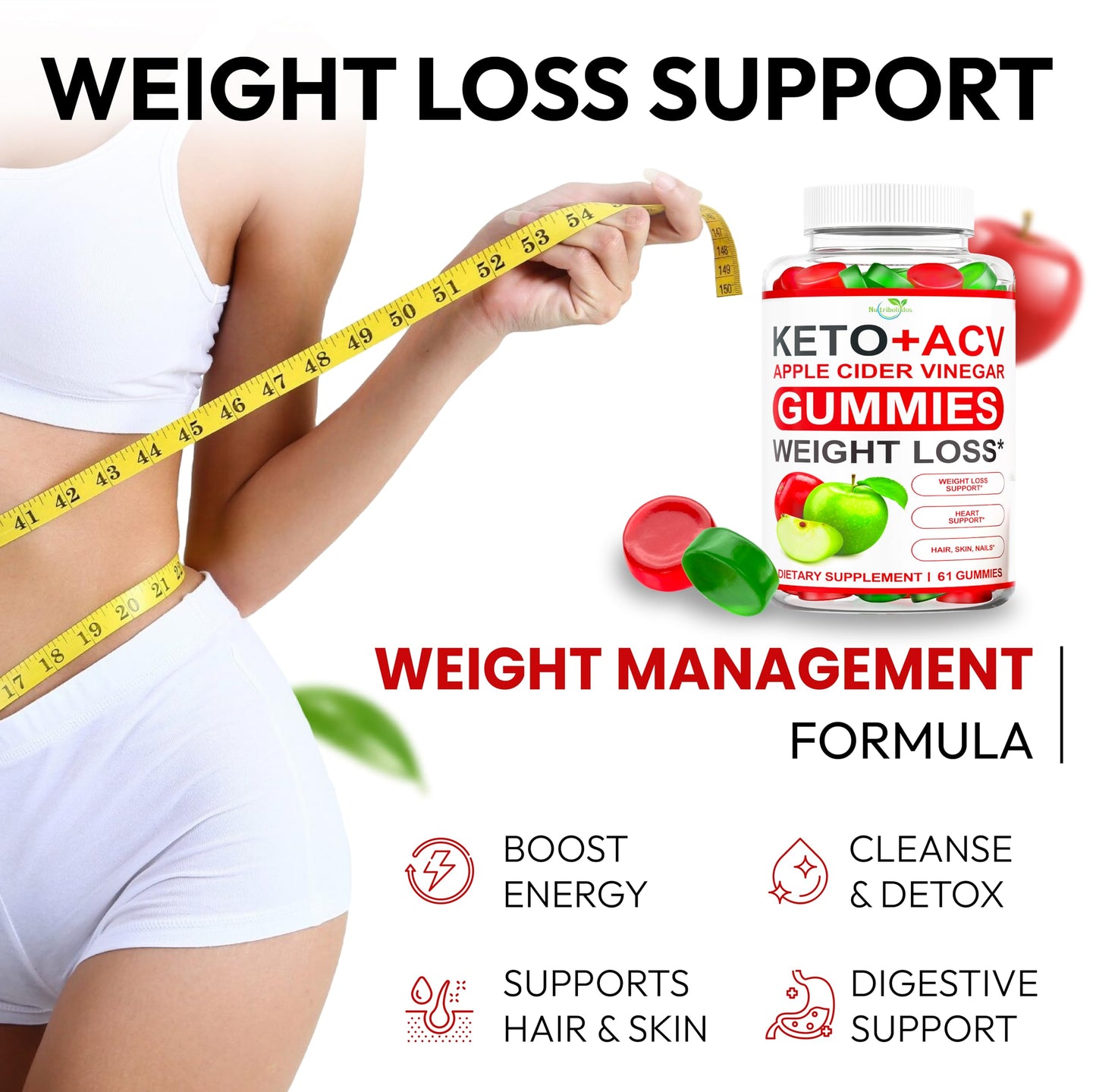 Nutribolidos Keto ACV Gummies Advanced Weight Loss - Apple Cider Vinegar - Ginger + Apple Flavor, 61 Gummies