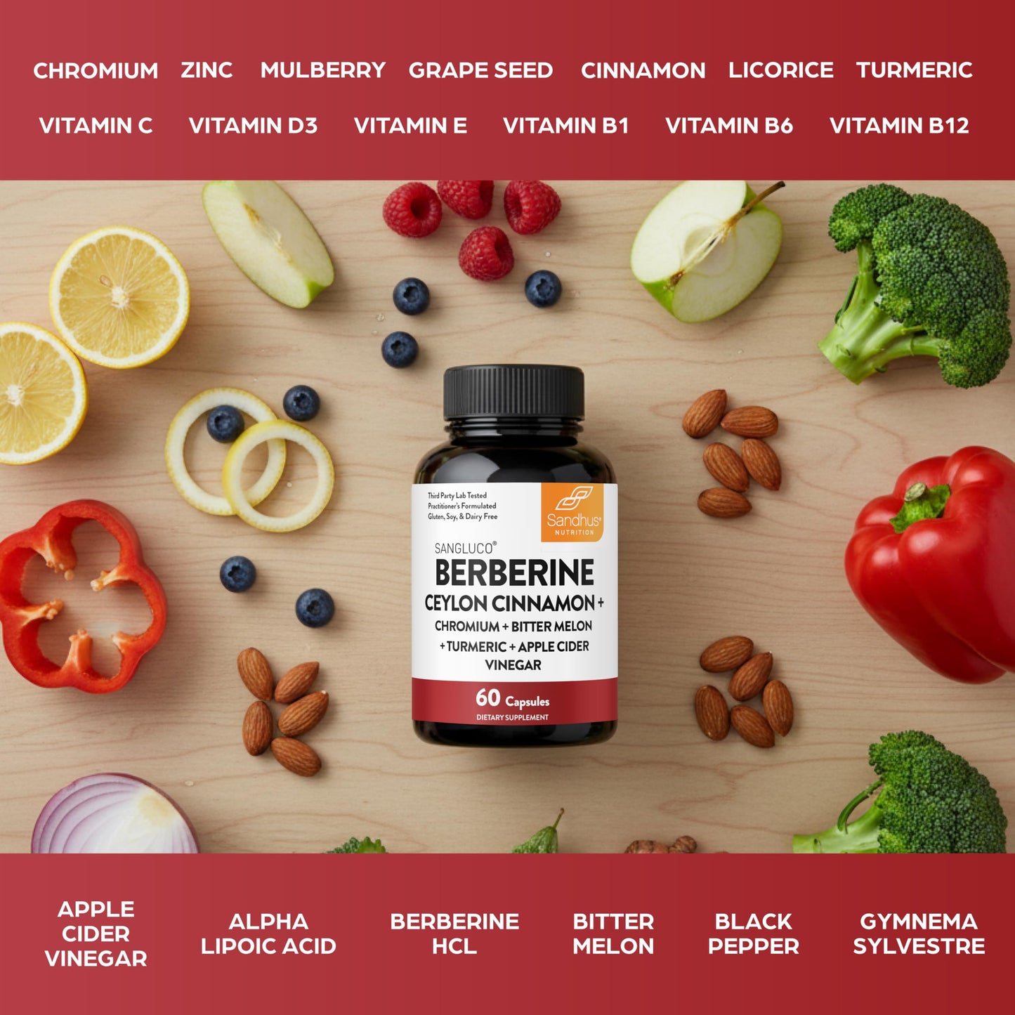 Sandhu's Sangluco Berberine Ceylon Cinnamon Chromium Turmeric Apple Cider Vinegar Bitter Melon Supplement Capsules 60