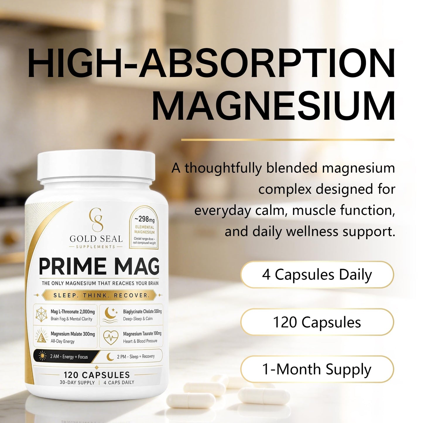 Vitadrive Natural Gold Seal Prime Magnesium Complex - Energy & Recovery - Vegan, 120 Capsules