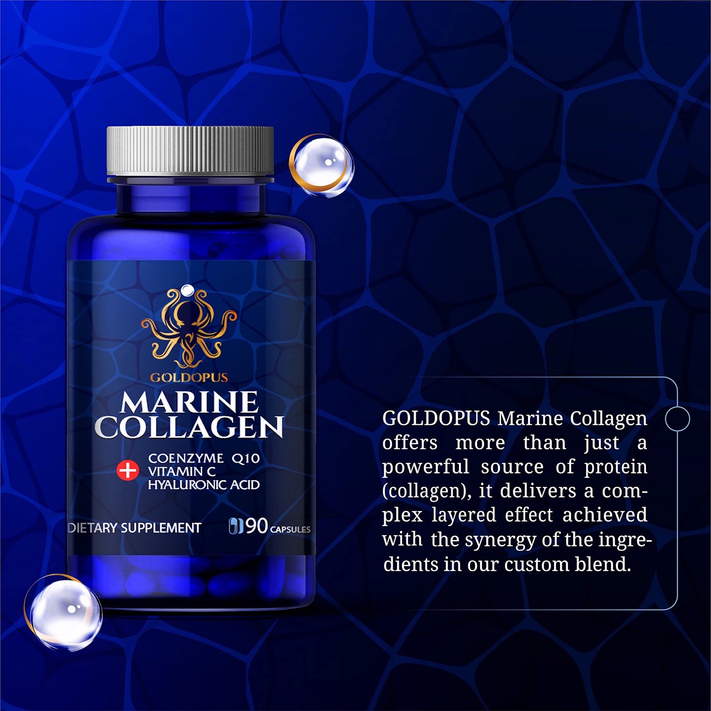 GOLDOPUS Marine Collagen Peptides Capsules with Hyaluronic Acid, Coenzyme Q10, Vitamin C, 90 Capsules